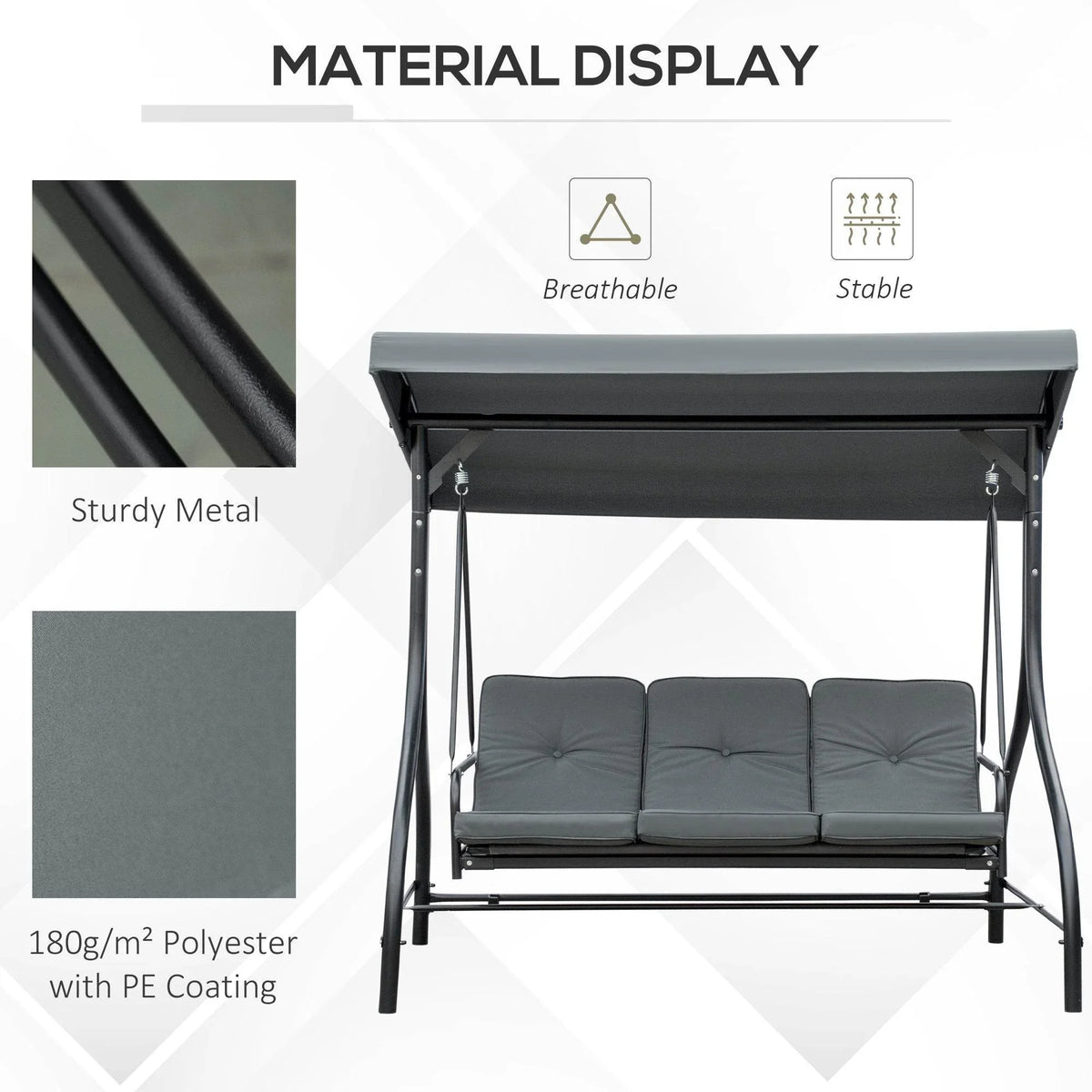 Dark grey metal swing bed frame with breathable cushions and three-seat hammock design