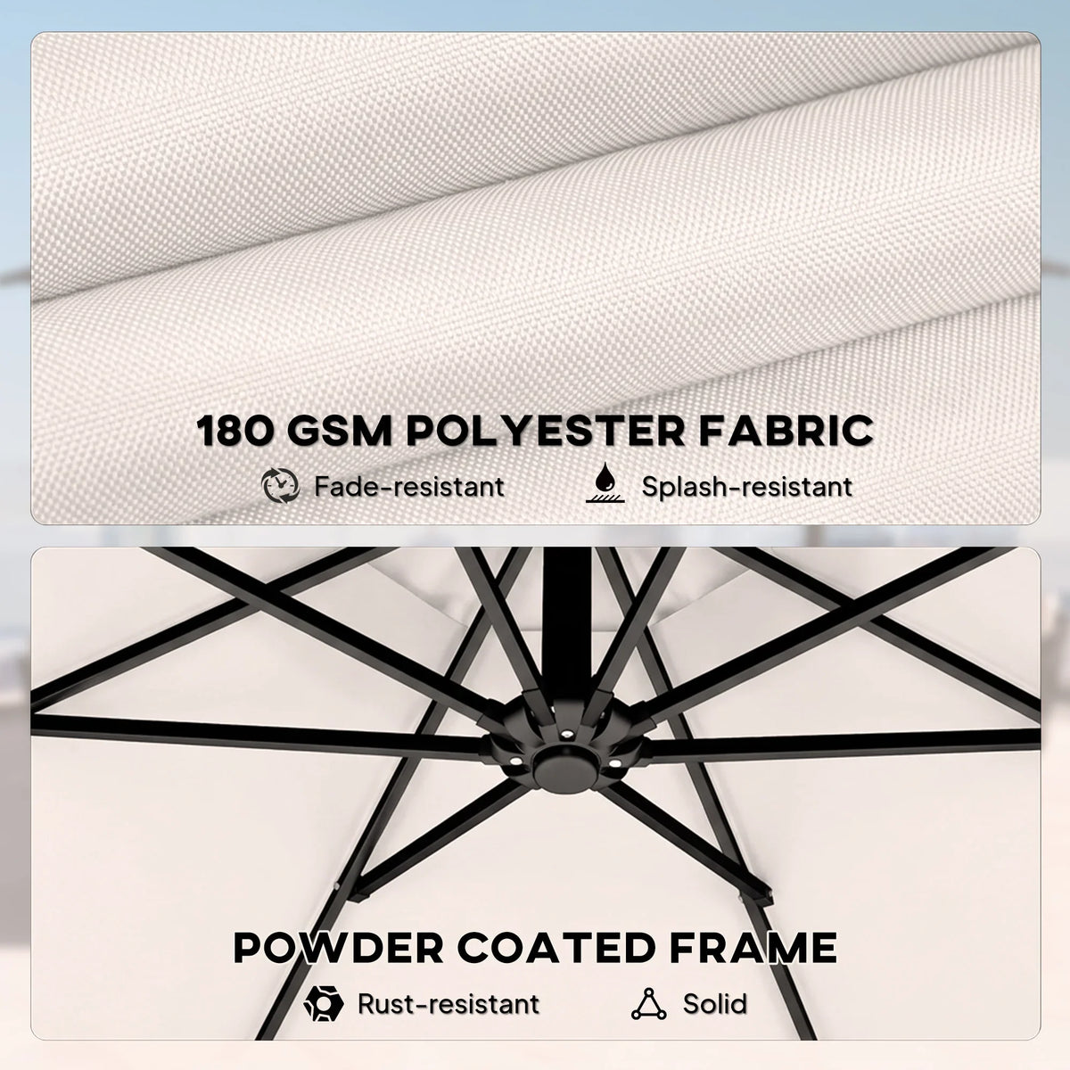 Cream polyester umbrella fabric and powder-coated frame with black support ribs