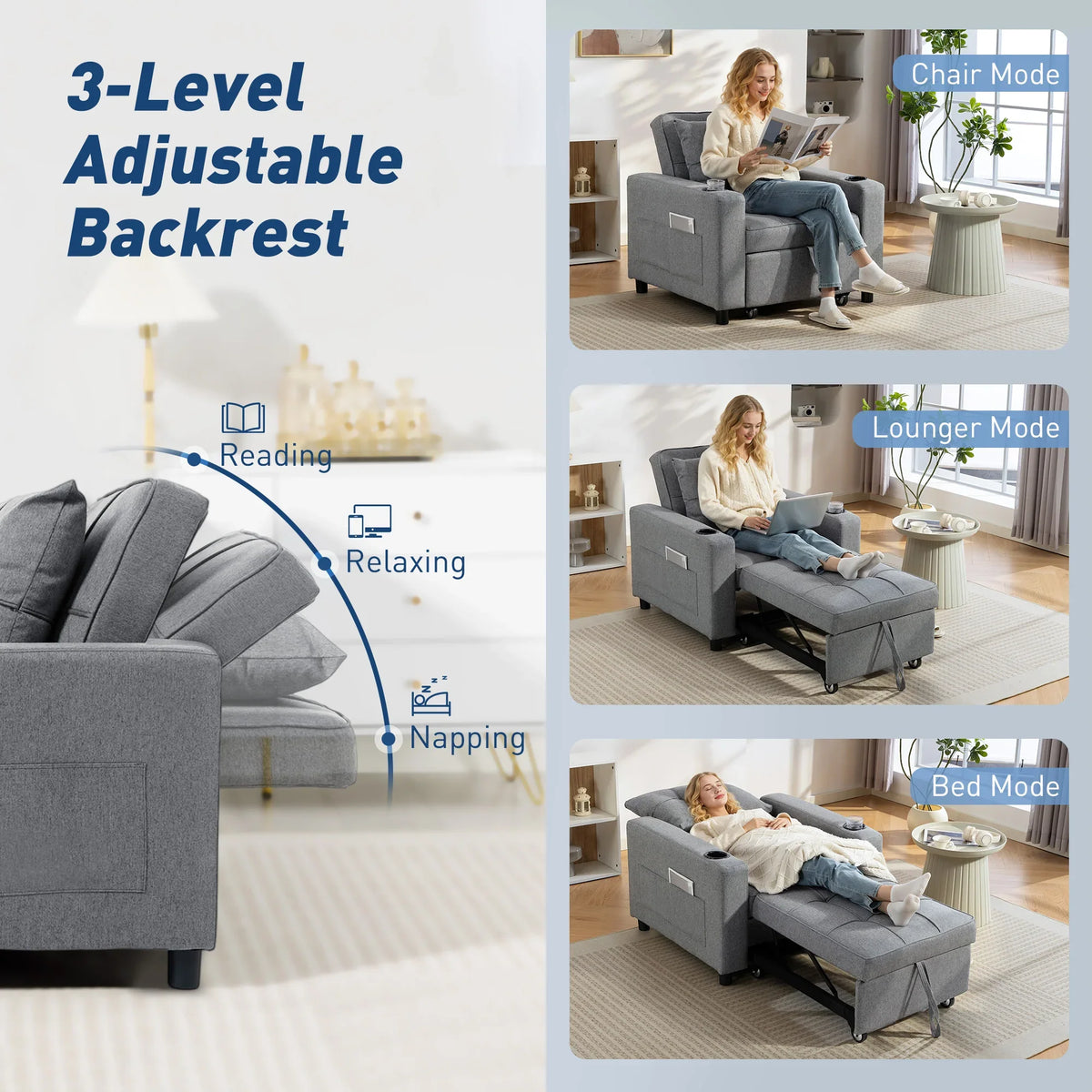 Dark grey sofa bed chair with adjustable backrest in chair, lounger, and bed modes