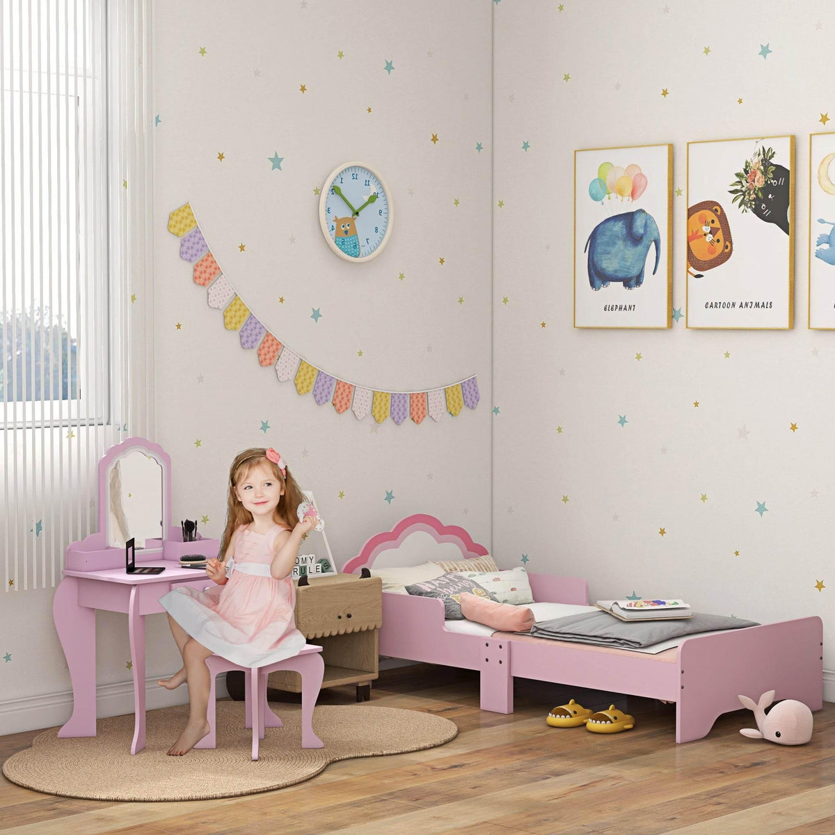 Pink cloud-themed kids bedroom furniture set with dressing table, stool, and bed