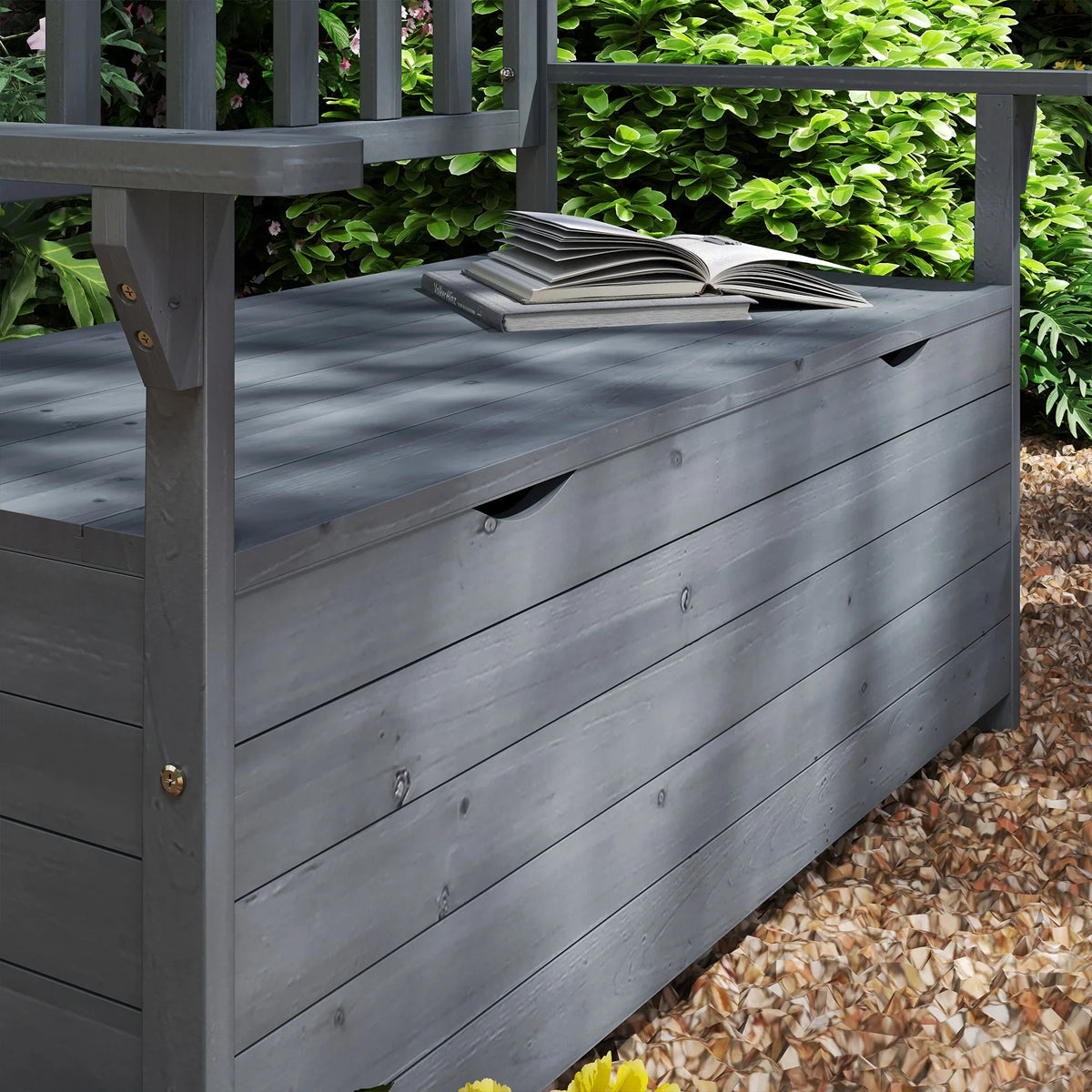 Grey fir wood storage bench front panel with curved hinges and closed hinged lid