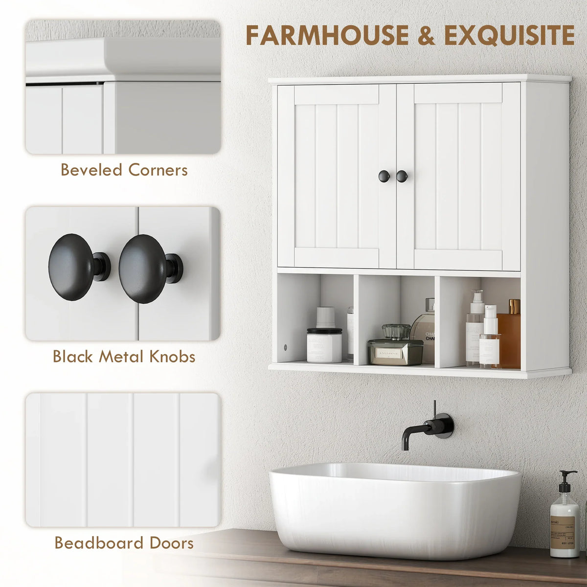 White farmhouse wall cabinet with beaded doors, black knobs, and open interior shelves.