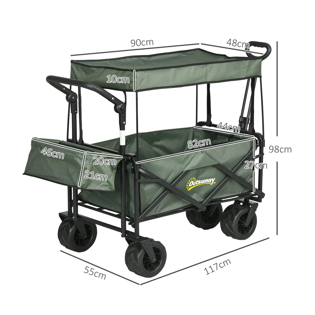 Green beach trolley cart with canopy and four wheels, shown in side view