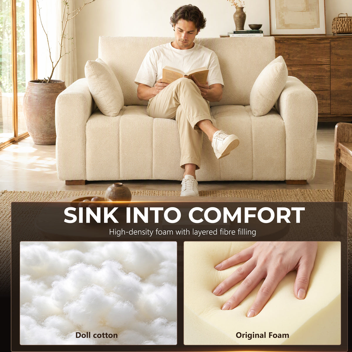 Cream white velvet loveseat sofa with two back pillows and padded seat