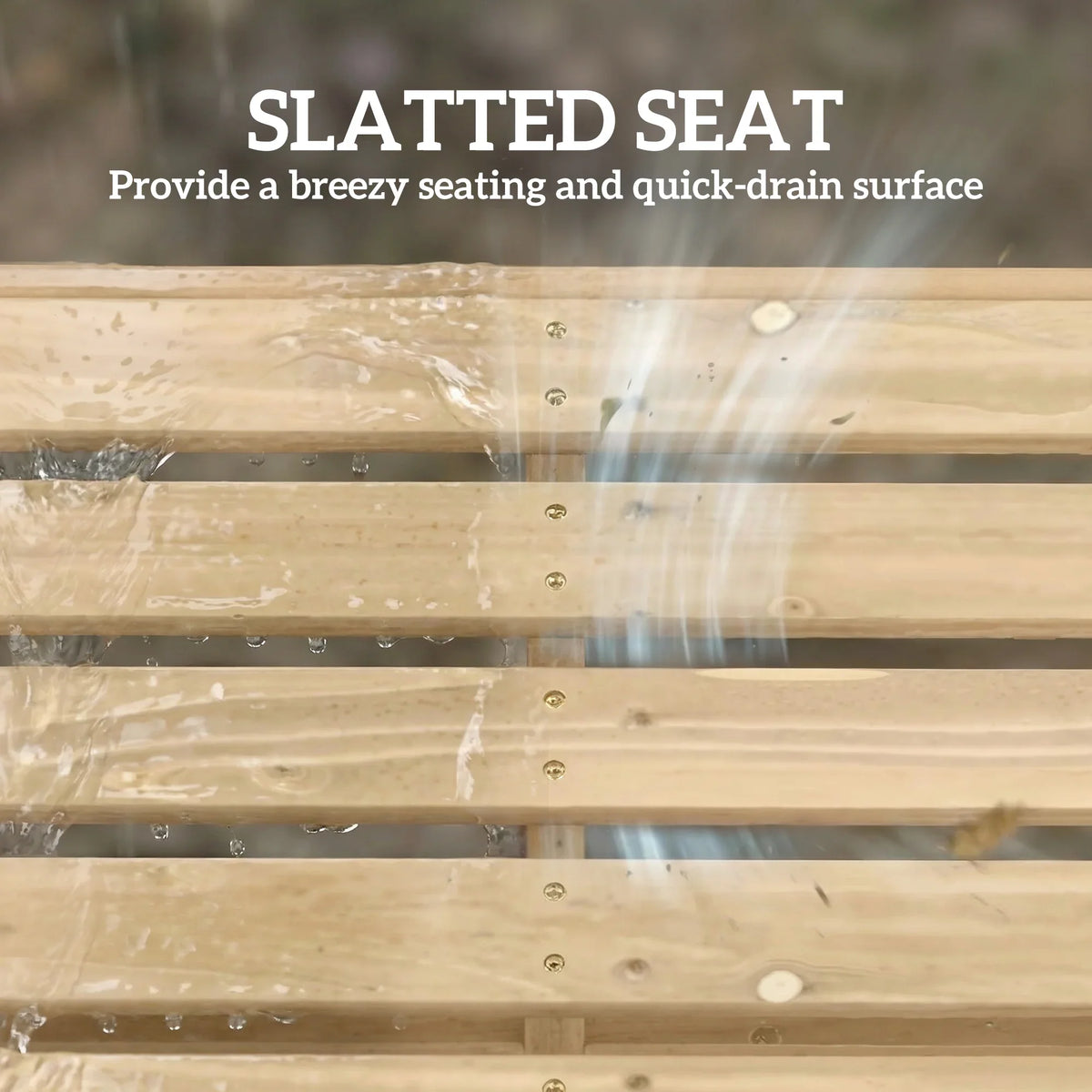 Slatted natural wood bench seat with quick-drain gaps and curved edges