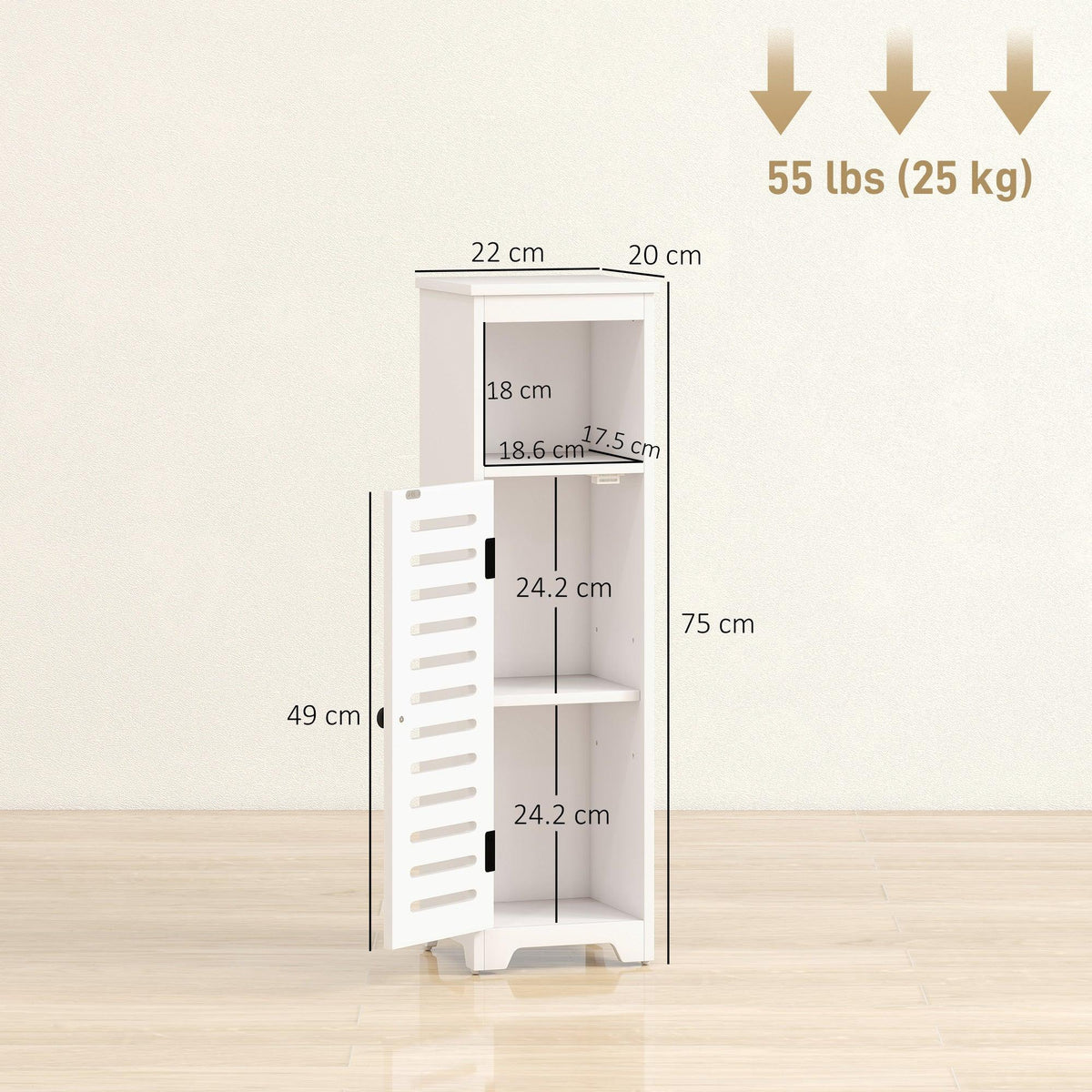 White bathroom floor cabinet with louvered door and open shelves with size measurements