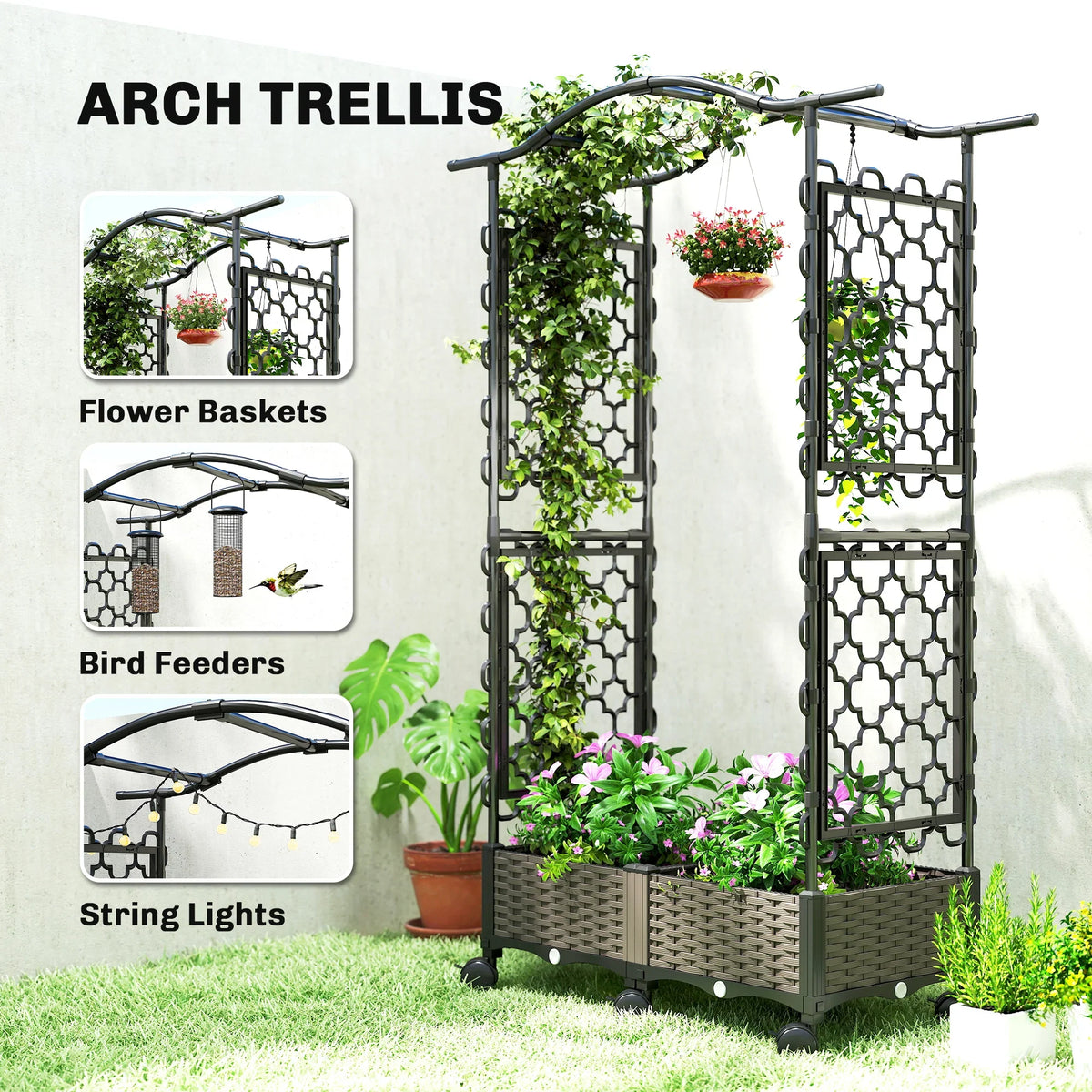 Raised planter with black arch trellis featuring side lattice panels and flower baskets, on caster wheels