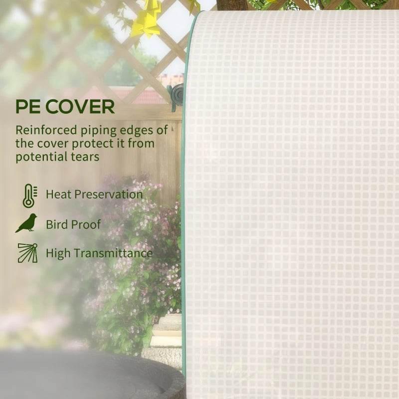 Reinforced PE greenhouse cover with piped edges on a green metal frame