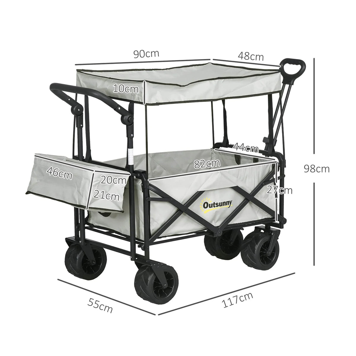 Grey folding beach wagon with canopy and side storage, shown with product dimensions.
