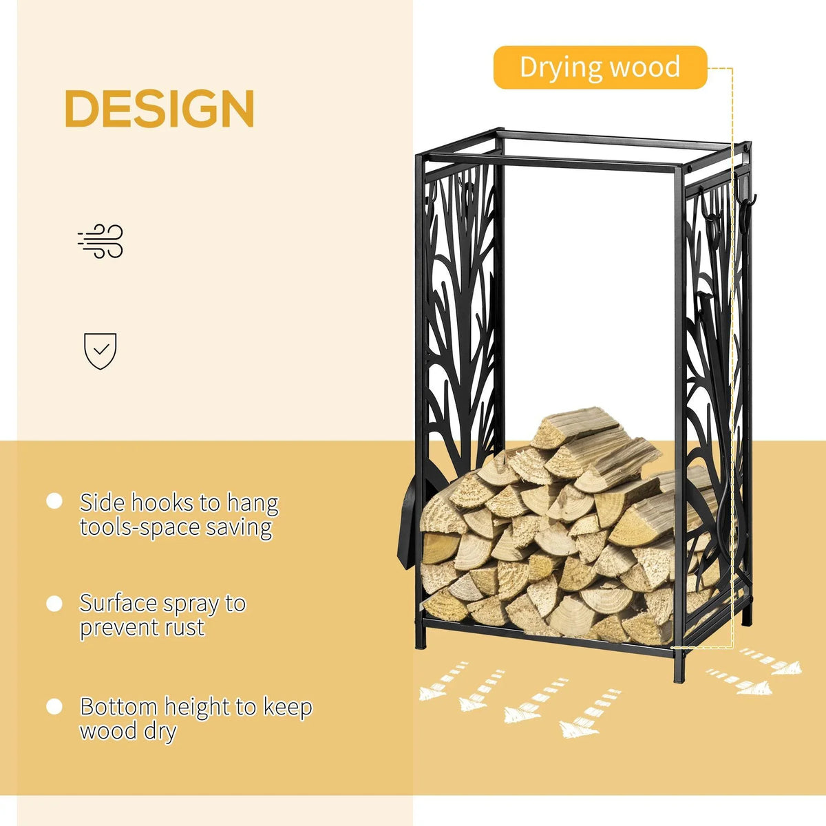 Black steel firewood rack with side hooks and elevated base for drying wood