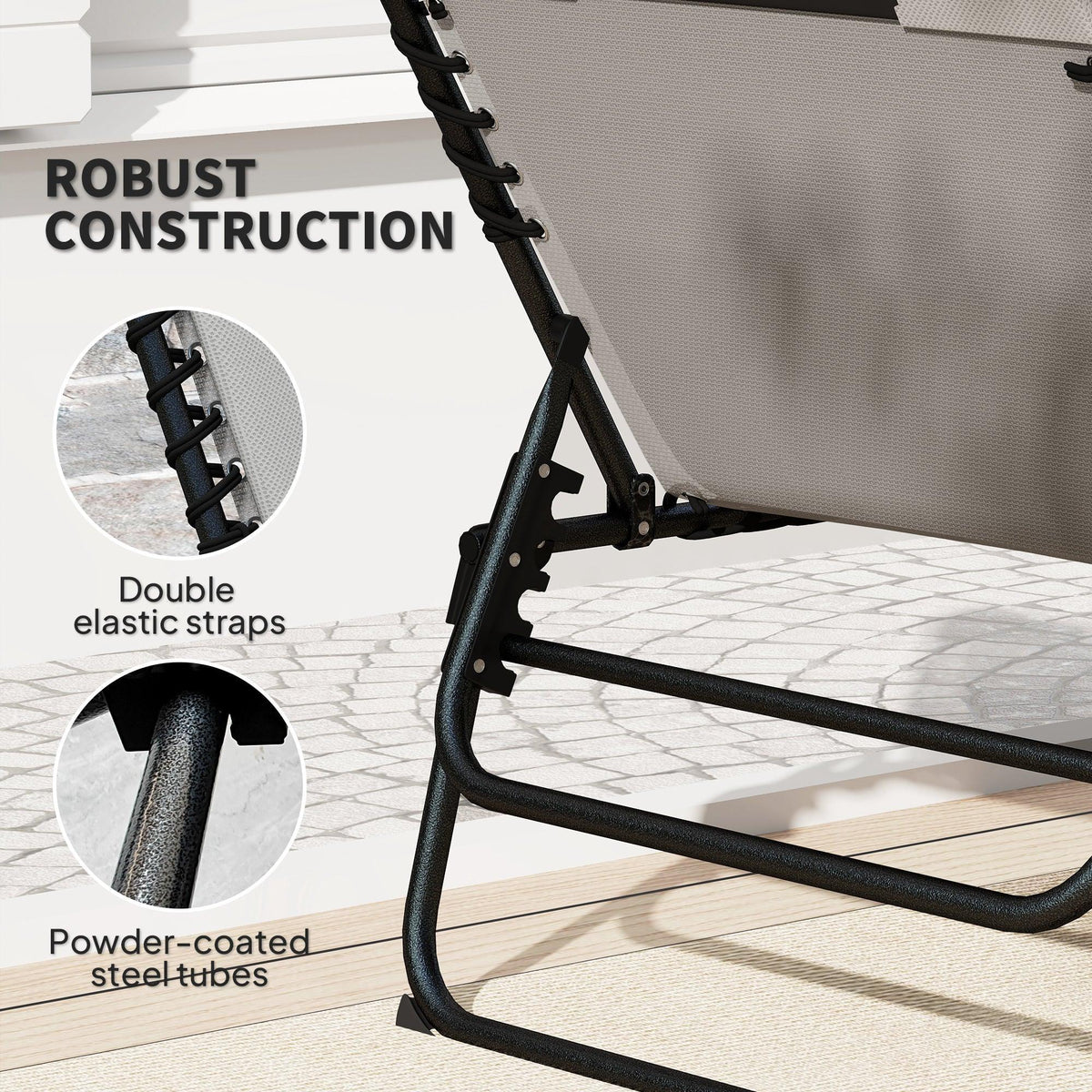 Light grey reclining sun lounger with double elastic straps and powder-coated steel frame