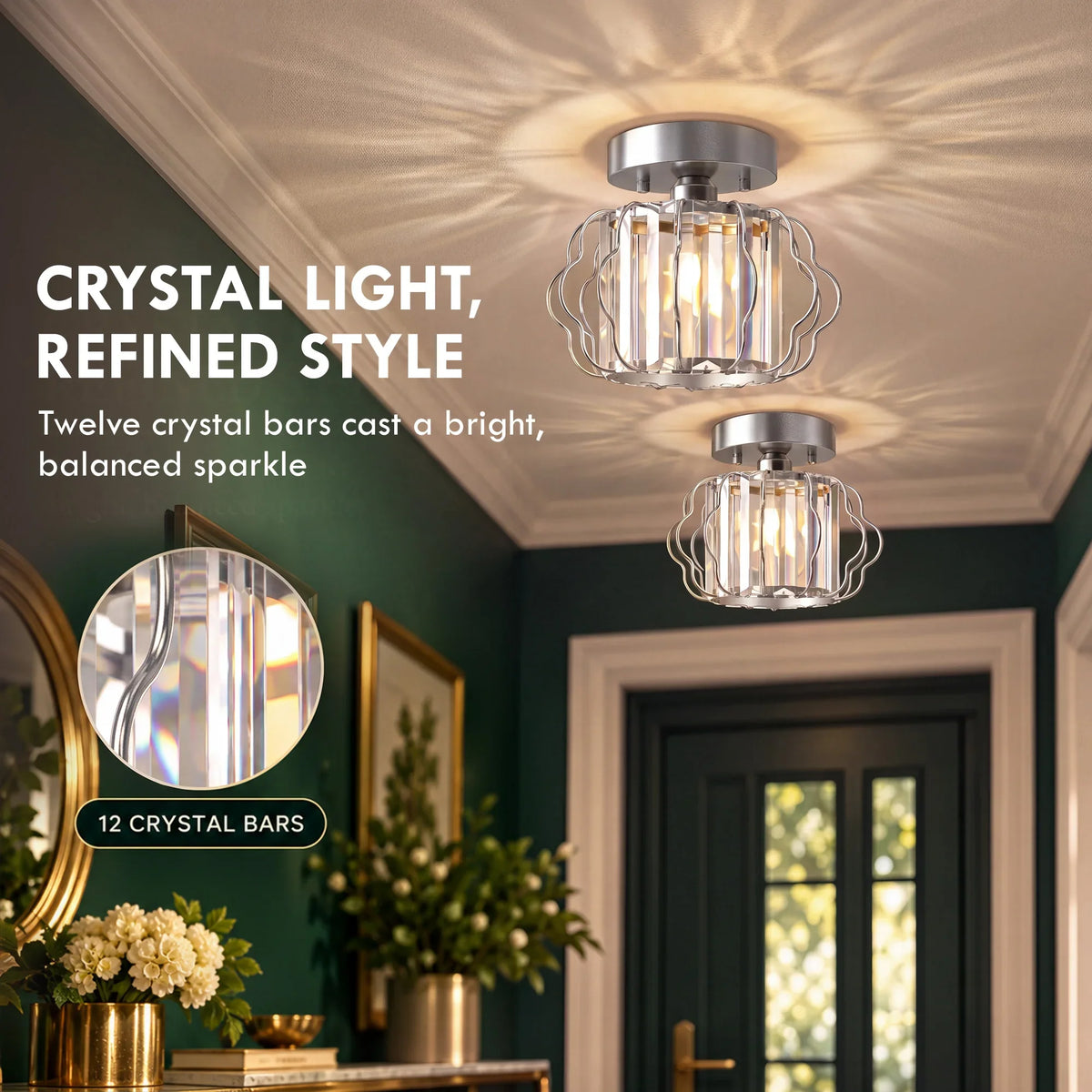 Semi-flush ceiling light with clear crystal bars and metal cage