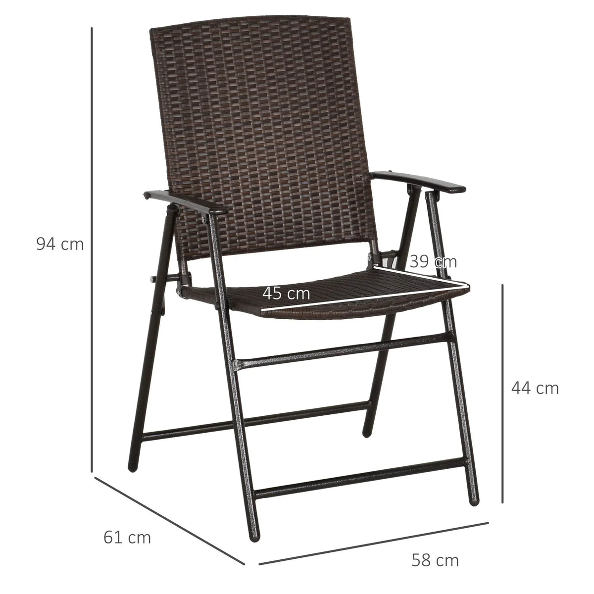 Foldable rattan patio chair with dark woven backrest, armrests, and size diagram
