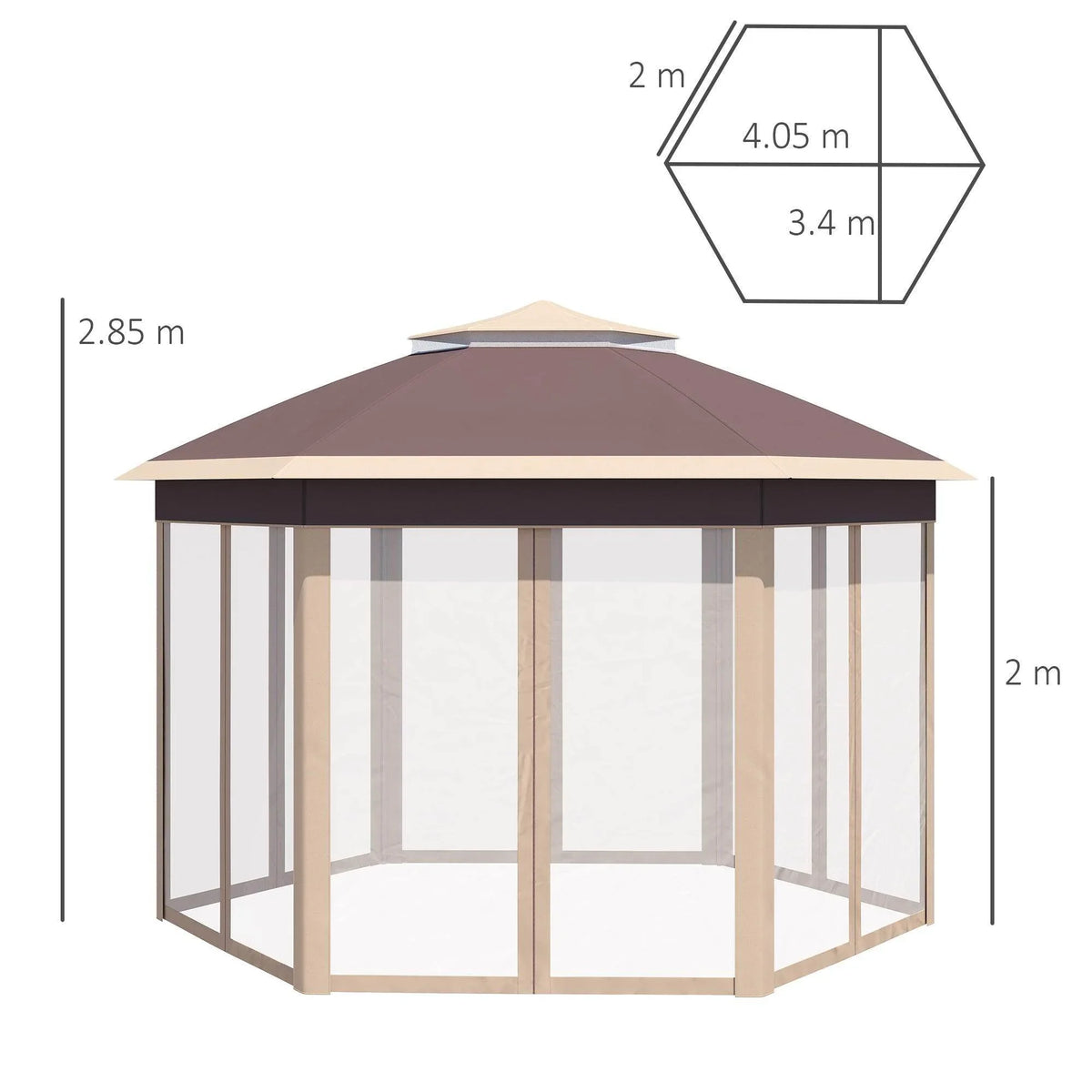 Hexagon pop-up gazebo with dark top canopy and beige side netting, outdoor patio shelter