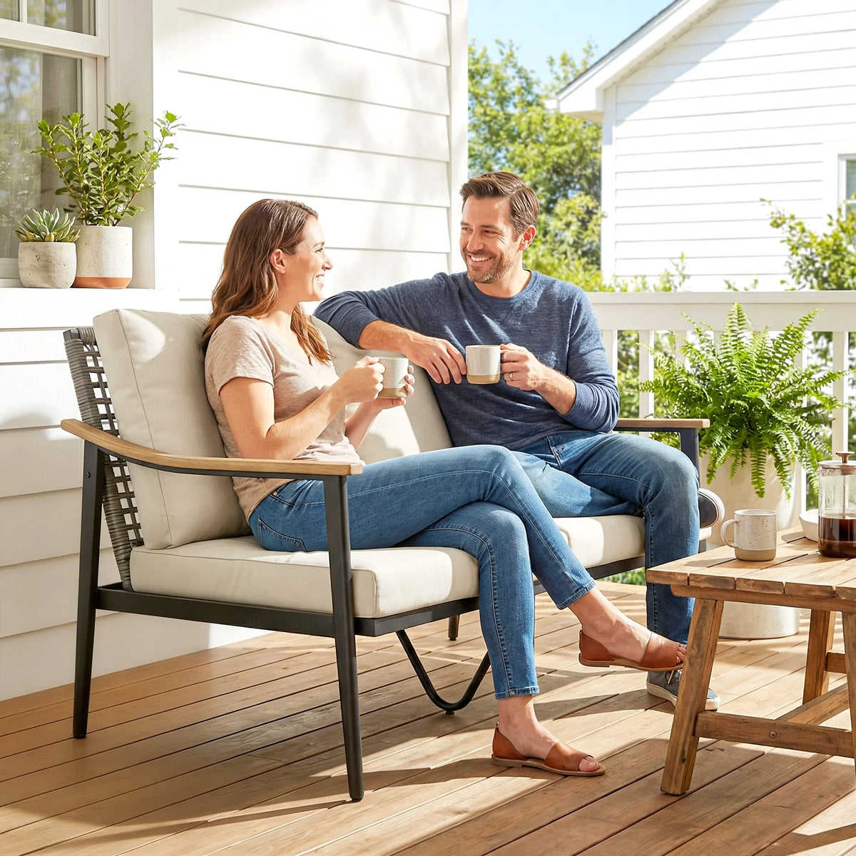 Outdoor rattan 2-seater sofa with beige cushions and dark metal armrests