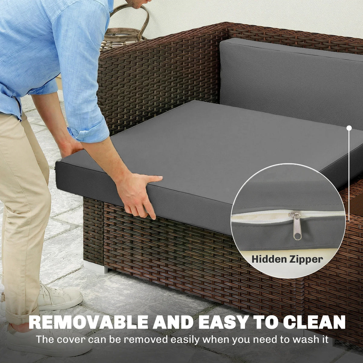 Dark grey cushion cover with hidden zipper for easy removal and cleaning