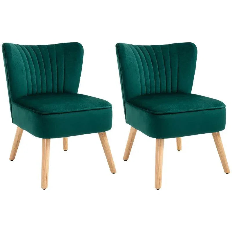 Set of 2 green velvet accent chairs, curved back and cushioned seat with wood legs