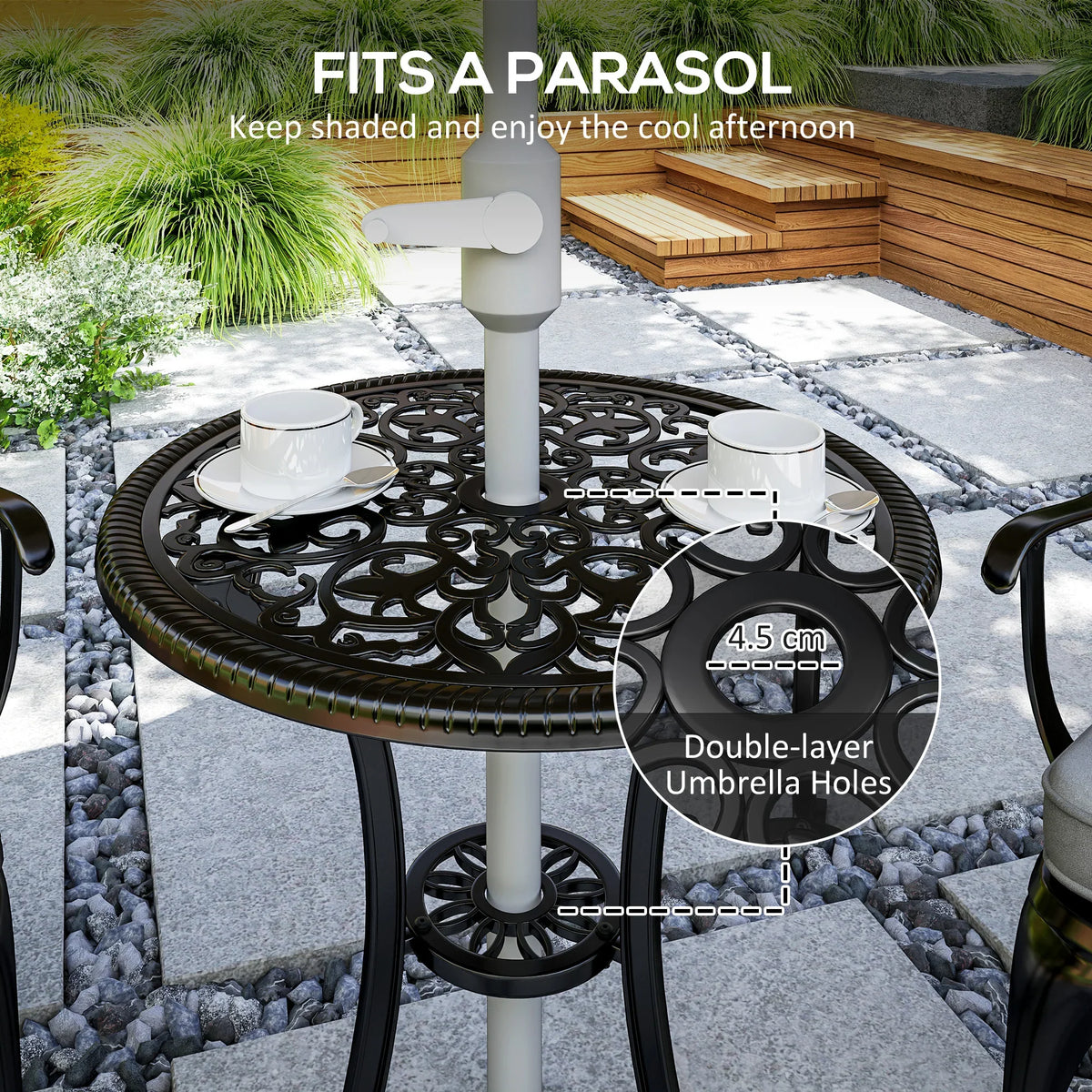 Cast-aluminum bistro table with umbrella hole and two cushioned armchairs