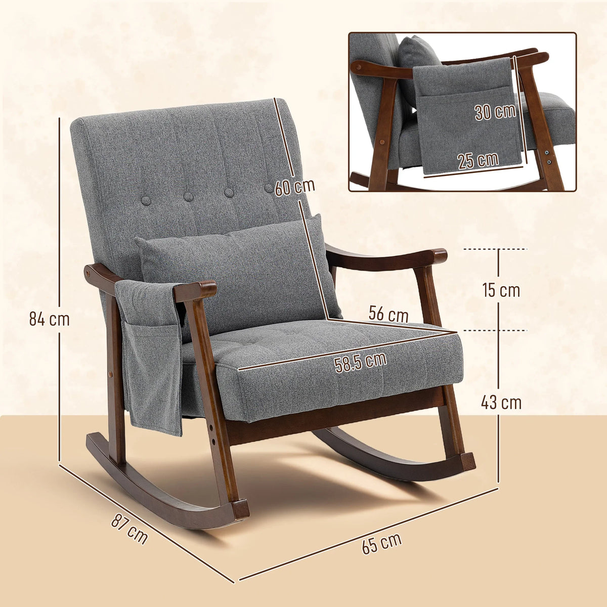 Grey fabric rocking armchair with padded seat and back, curved runners on dark wood frame