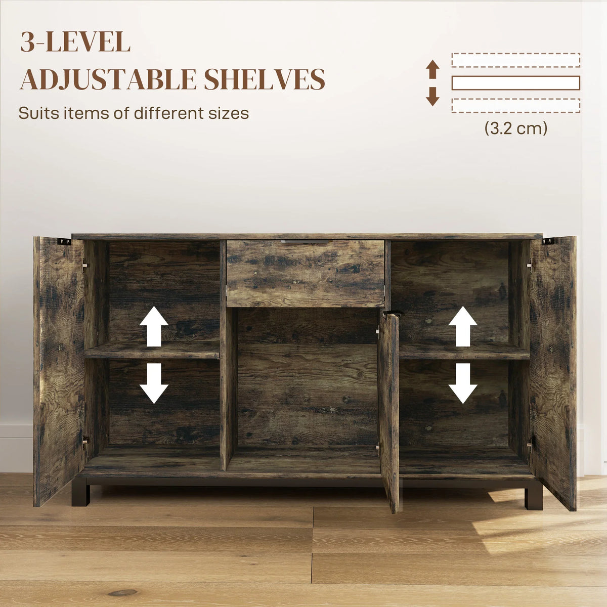 Industrial sideboard with three adjustable interior shelves, rustic dark brown cabinet