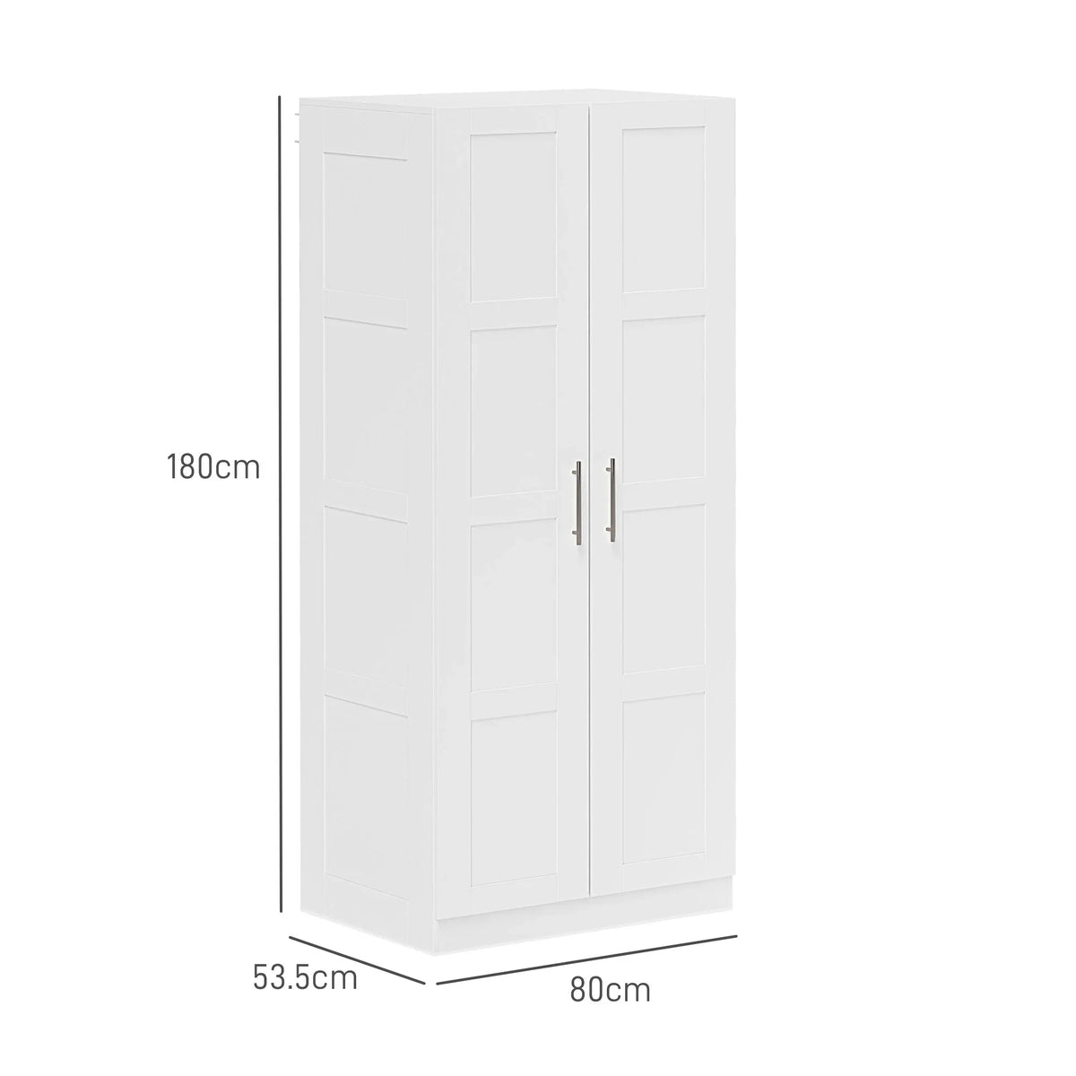White storage wardrobe cabinet with double paneled doors and metal handles