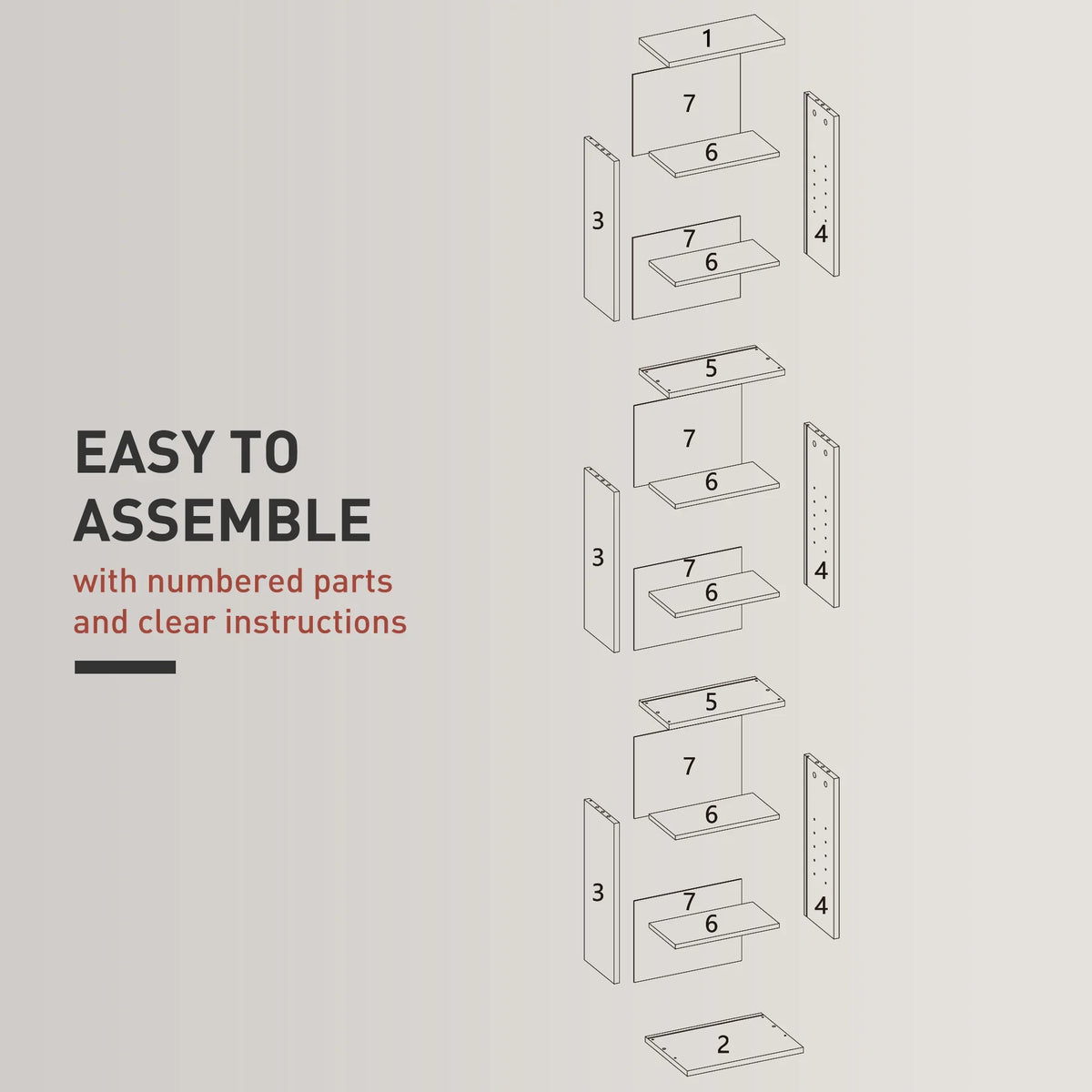 Assembly diagram for grey narrow media cabinet with numbered parts