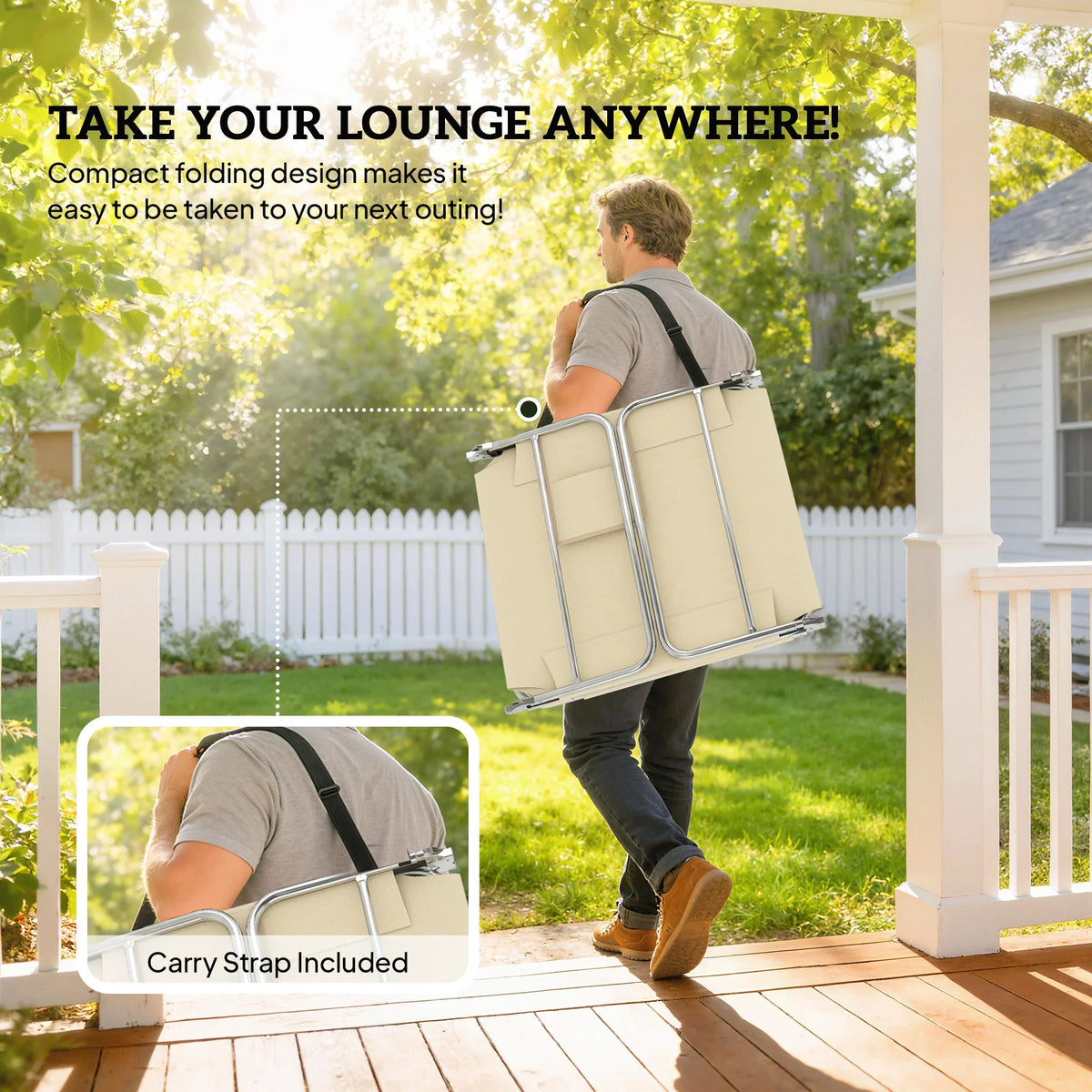 Beige folding sun lounger set of 2 with carry strap for easy transport