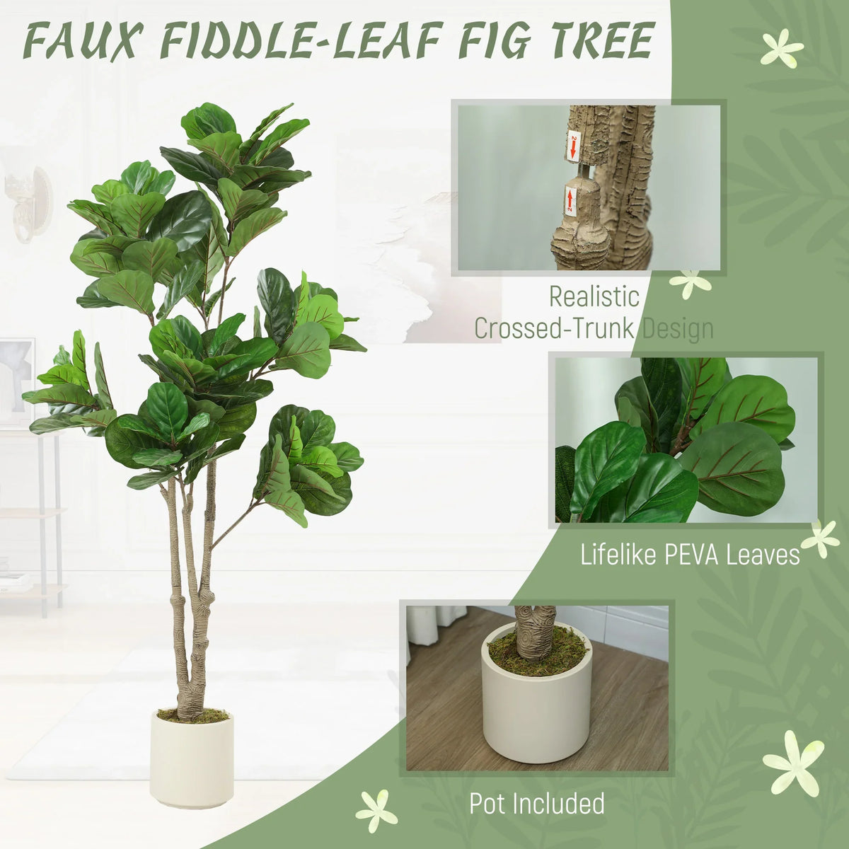 Artificial fiddle-leaf fig tree with lifelike green leaves and realistic crossed, textured trunk