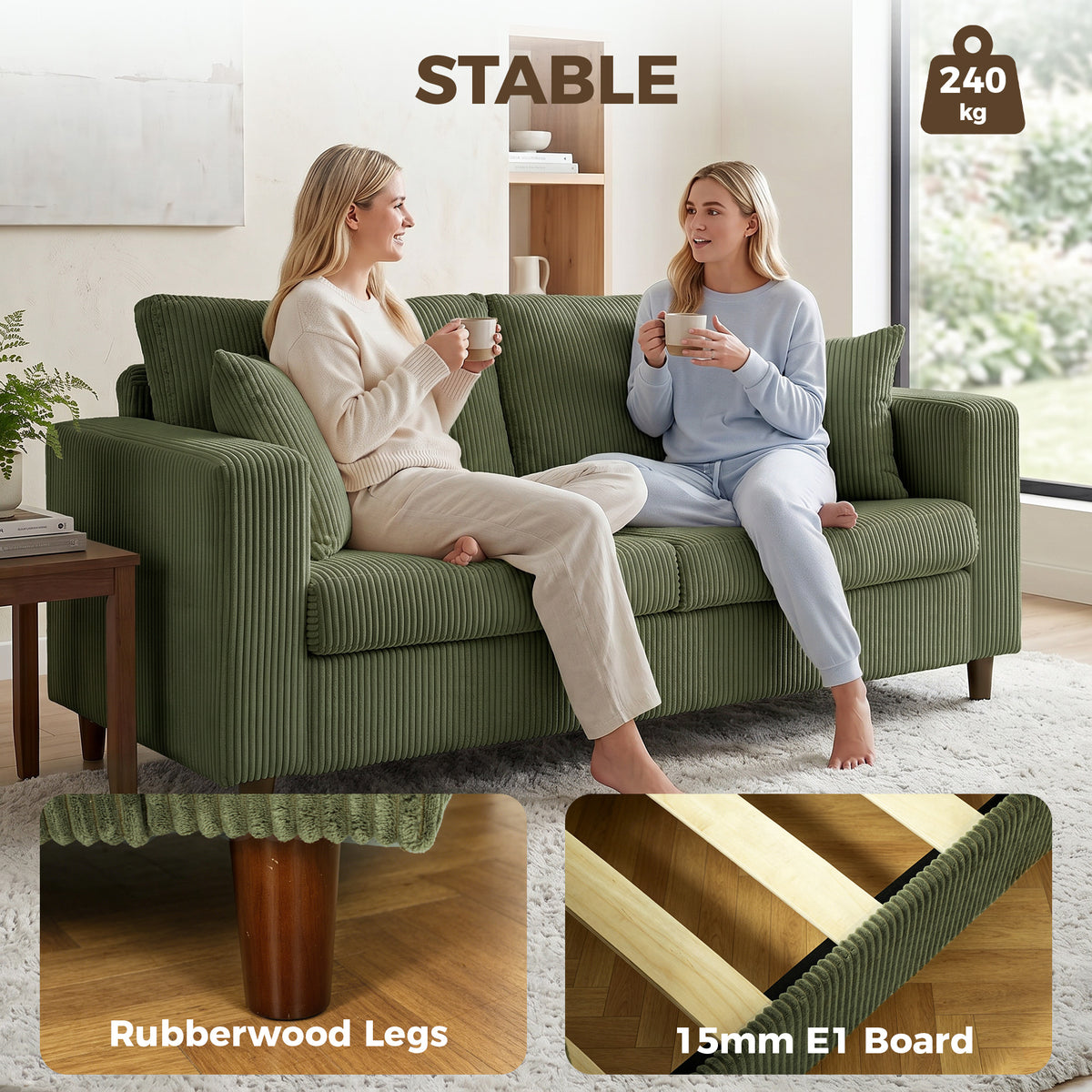 Green corduroy loveseat sofa with wooden legs and supportive seating base