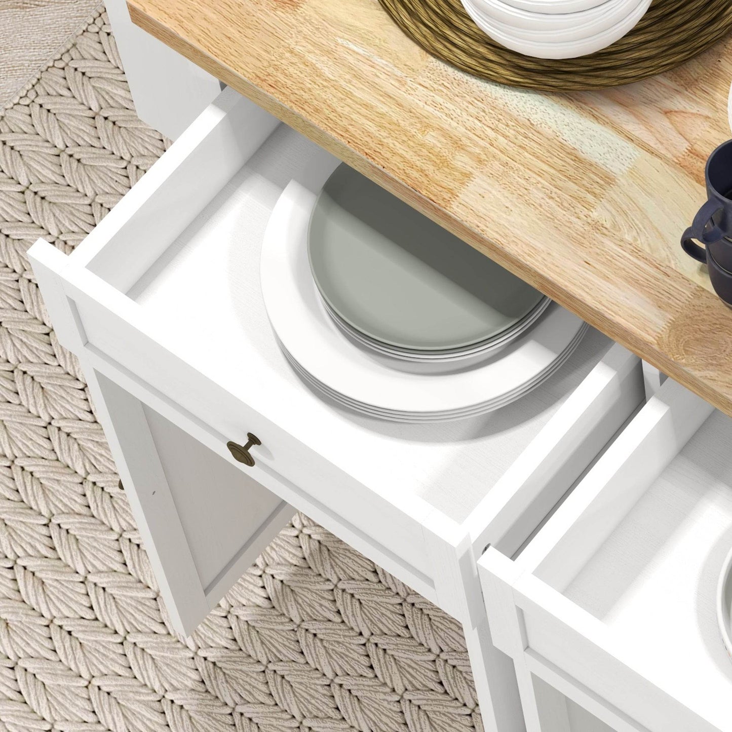 HOMCOM Modern White Kitchen Island Cart with Rubberwood Top, Drawers, and Storage Solutions - ALL4U RETAILER LTD