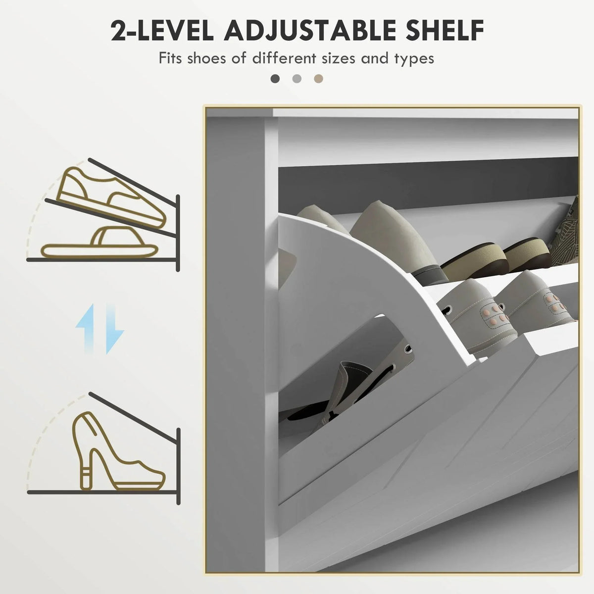 Shoe storage bench interior with two-level adjustable shelf and slanted shoe compartments.