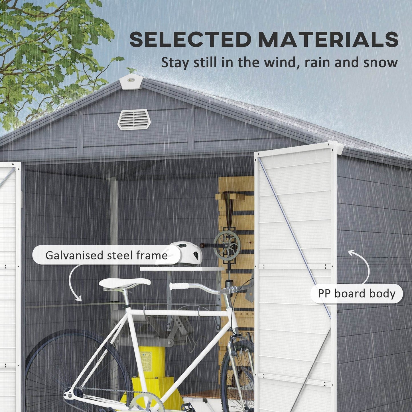 Grey shed interior with bike and PP panel body over a galvanized steel frame