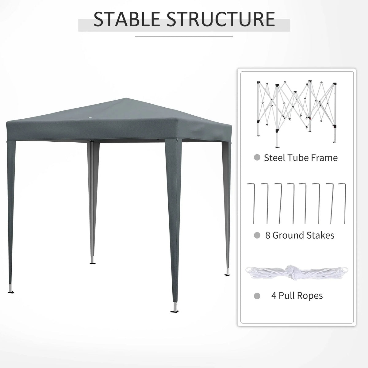 Grey pop-up gazebo with steel tube legs and corner supports for stable outdoor setup