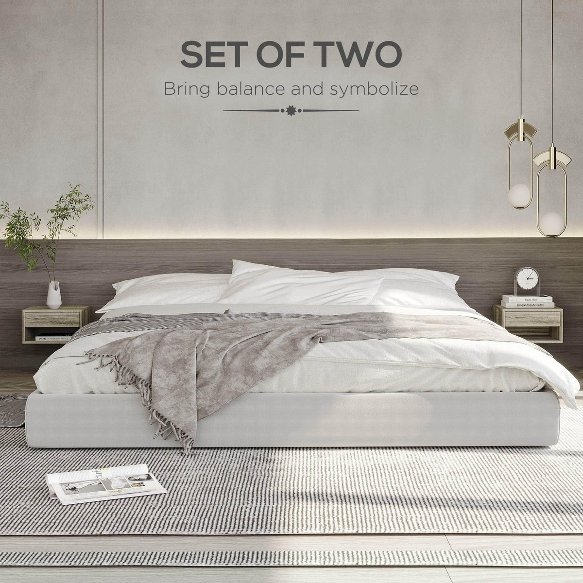 Floating nightstand set with drawer and open shelf, mounted behind the bed