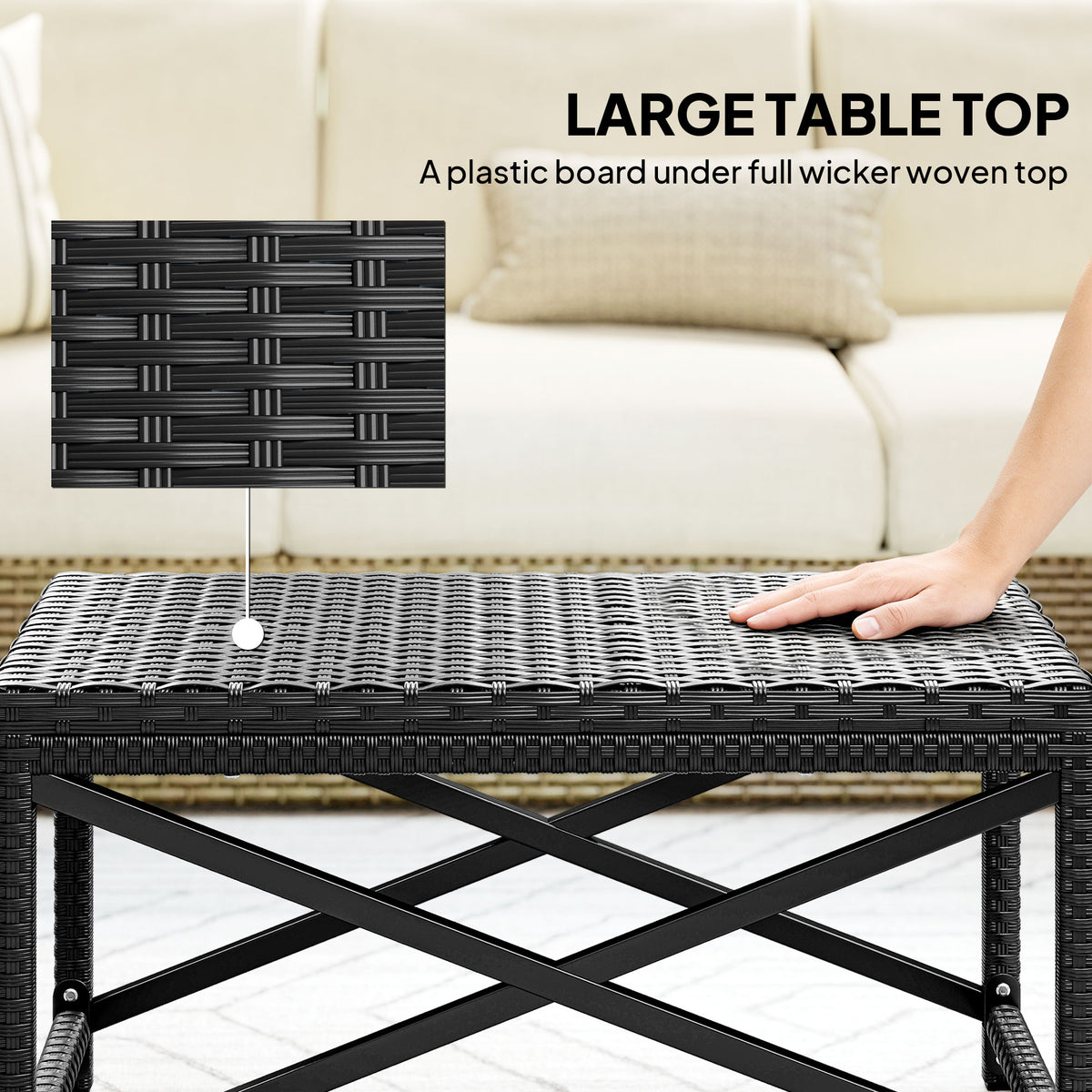 Black woven rattan table top with solid board support under the wicker weave