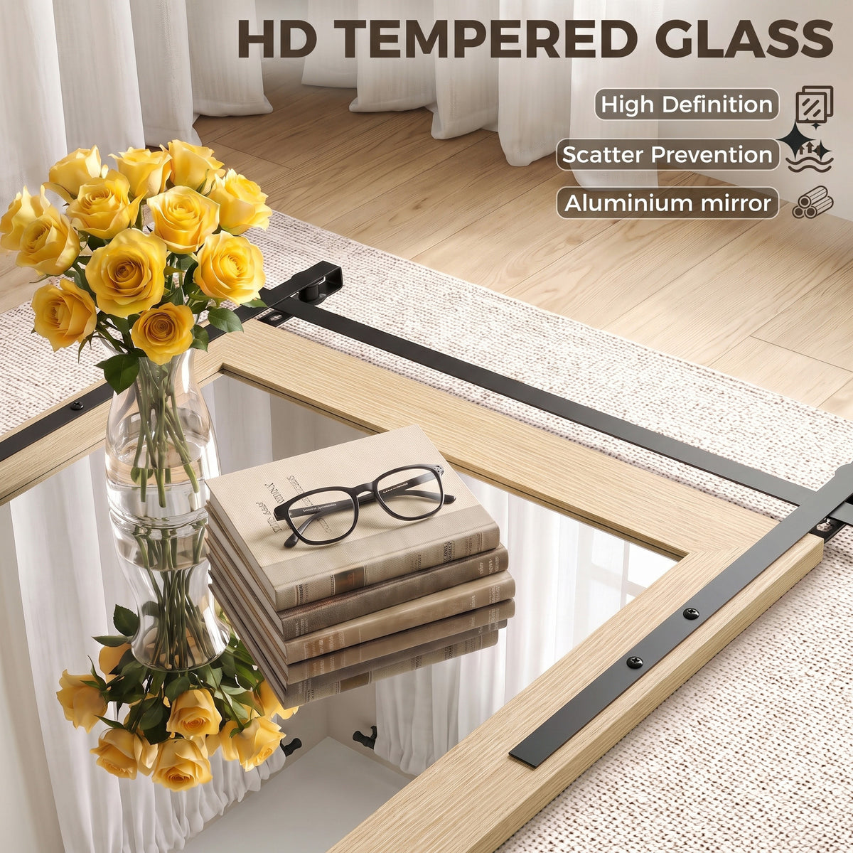Wall mirror with light wood frame and black bars for HD tempered glass