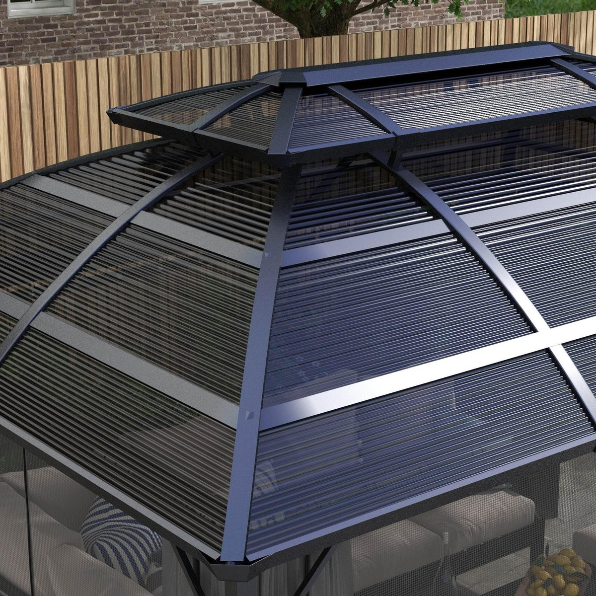 Black hardtop gazebo close-up of double-layer roof panels and metal support ribs