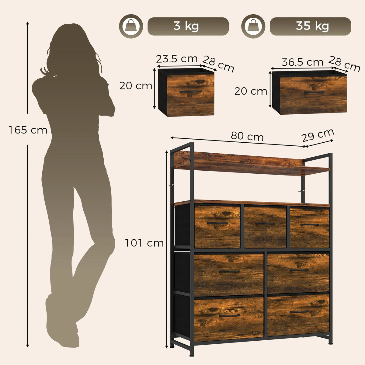 Rustic brown dresser with 7 drawers and open shelves, shown with size diagram