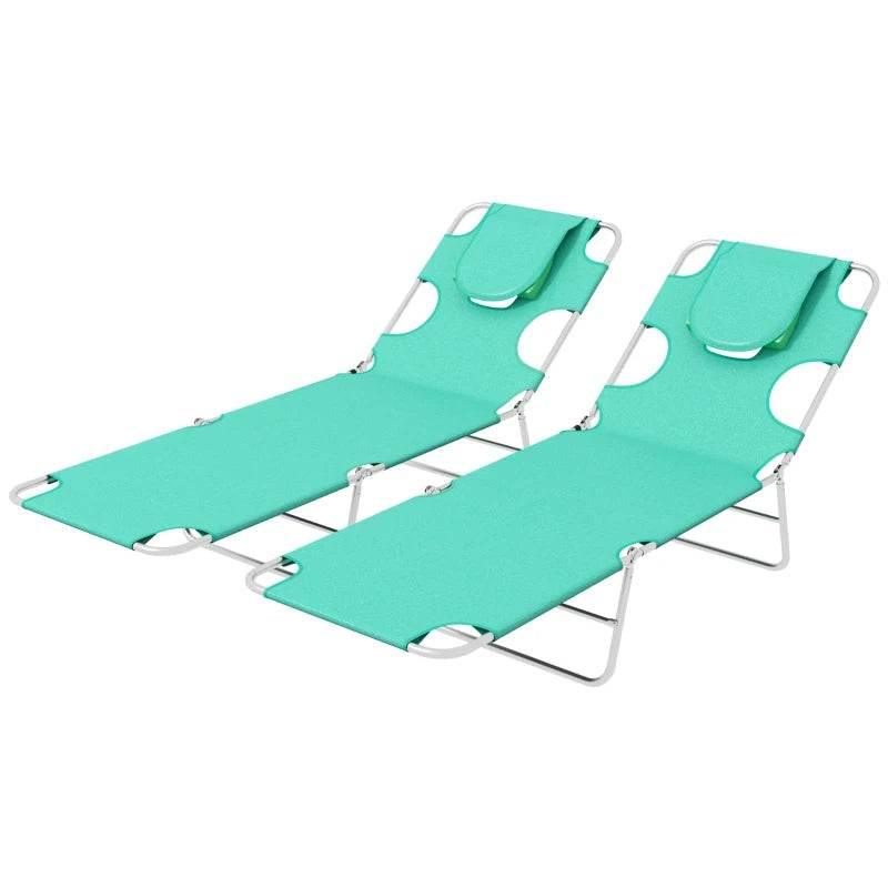 Set of 2 foldable green sun loungers with face openings and padded headrests