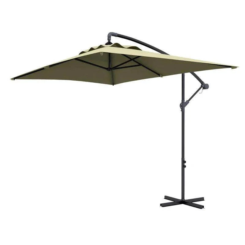 Beige rectangular cantilever umbrella with crank pole and cross base stand