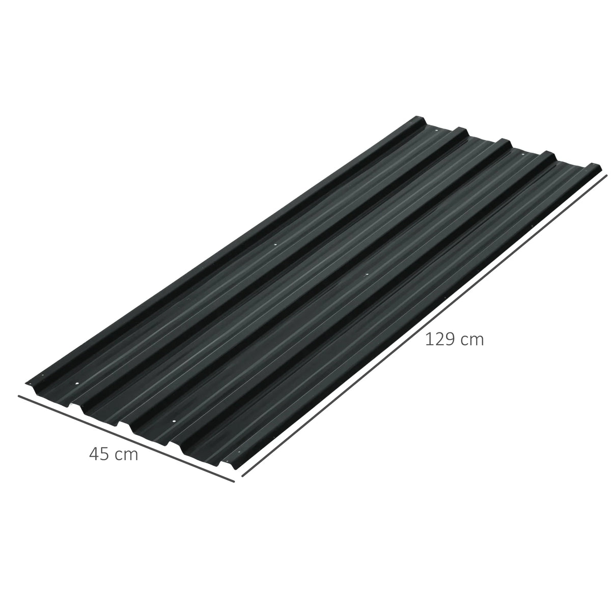 Dark grey corrugated metal roofing sheets, 129 cm by 45 cm dimensions