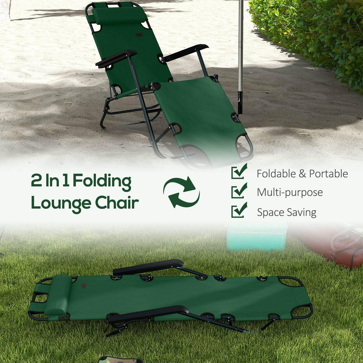 Adjustable folding sun lounger chair, green fabric with padded pillow and side armrests