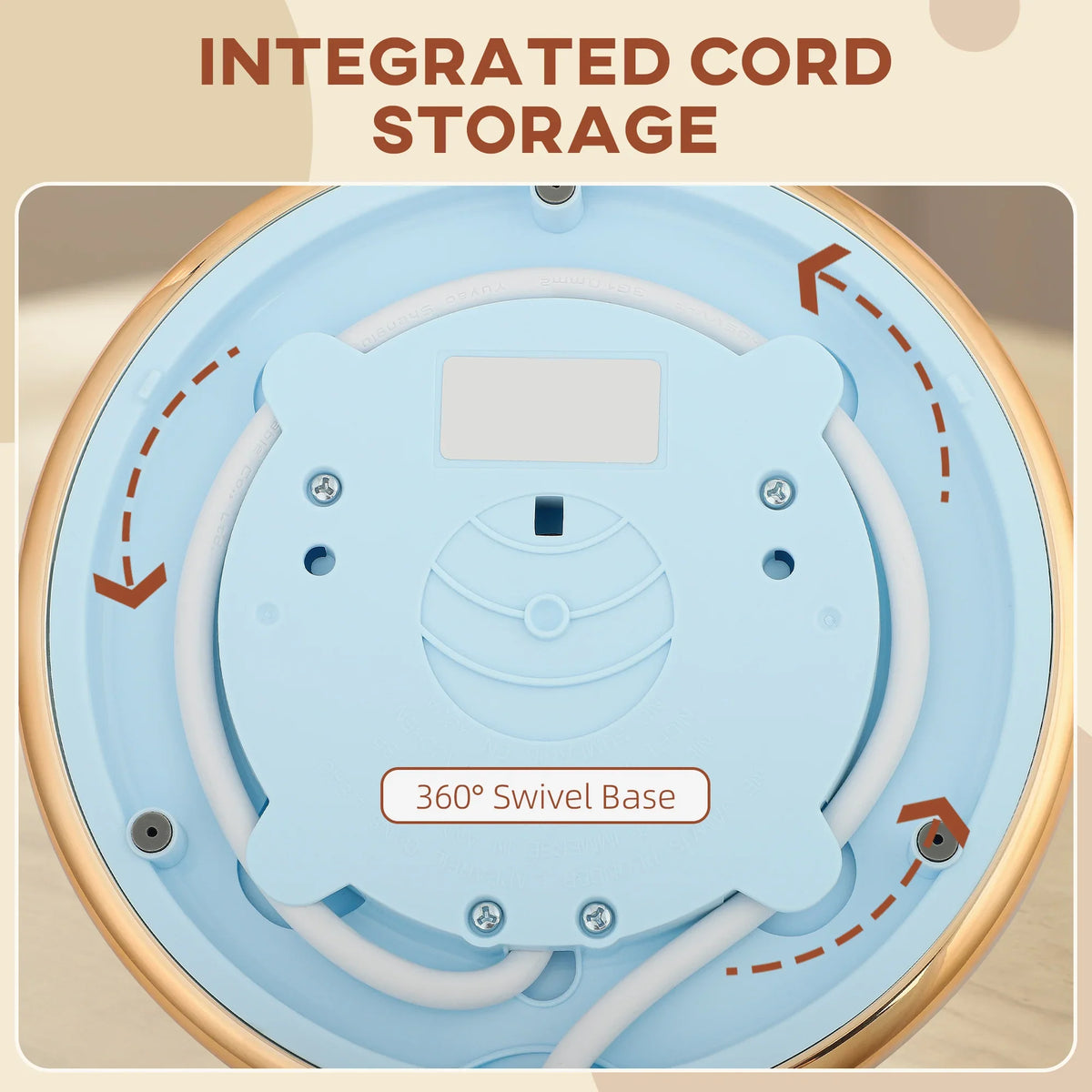 Light blue kettle base underside with integrated cord storage and 360° swivel base label.
