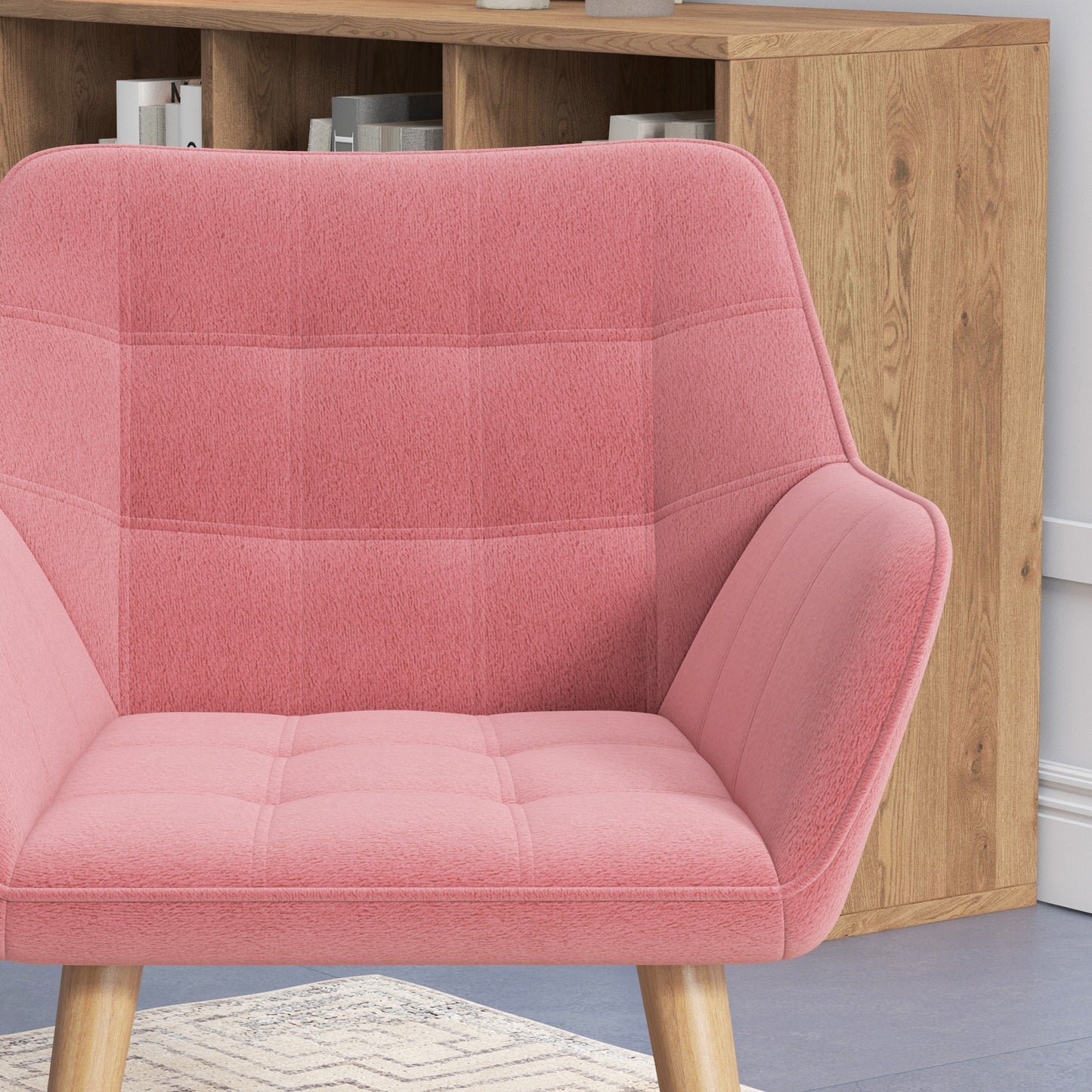 Set Of 2 Accent Arm Chairs With Slanted Back And Thick Padding Rubber Wood Legs In Pink For Living Room