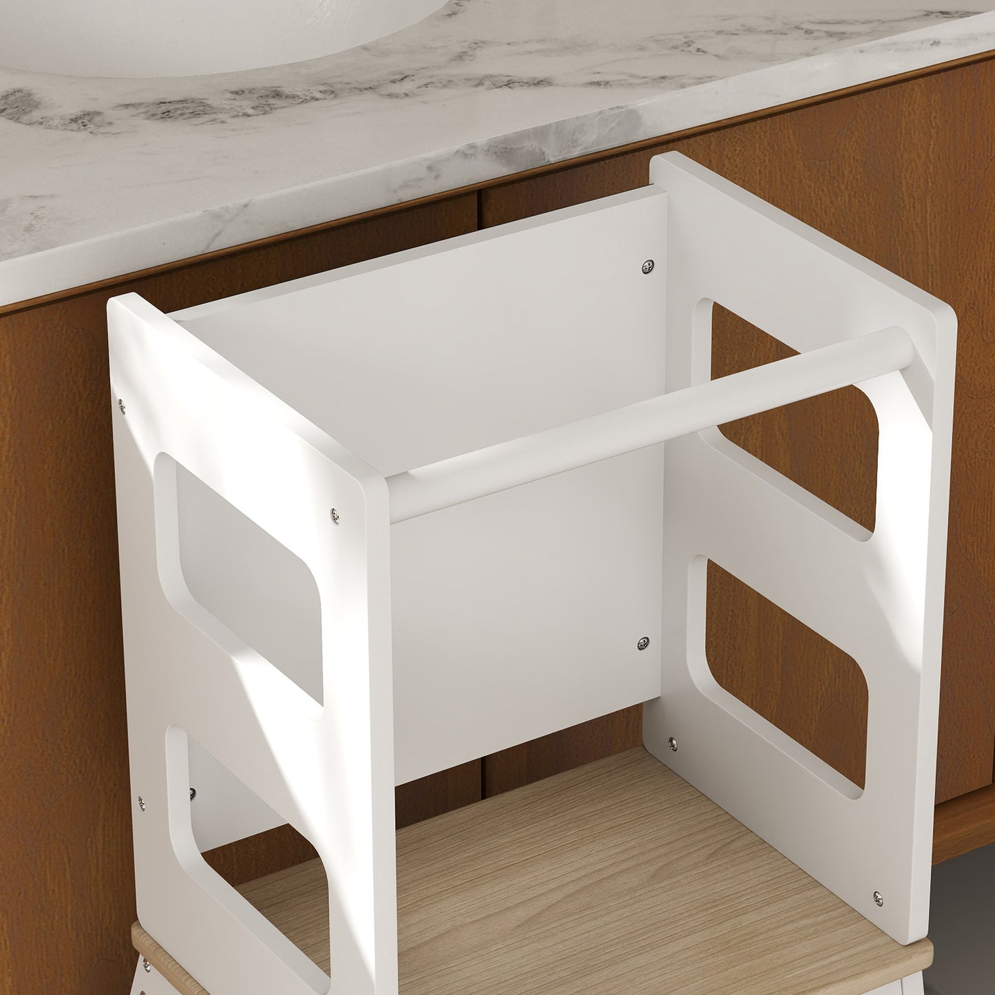 AIYAPLAY 2 In 1 Toddler Tower With Chalkboard Safety Rail For Kitchen Counter Bathroom Sink White
