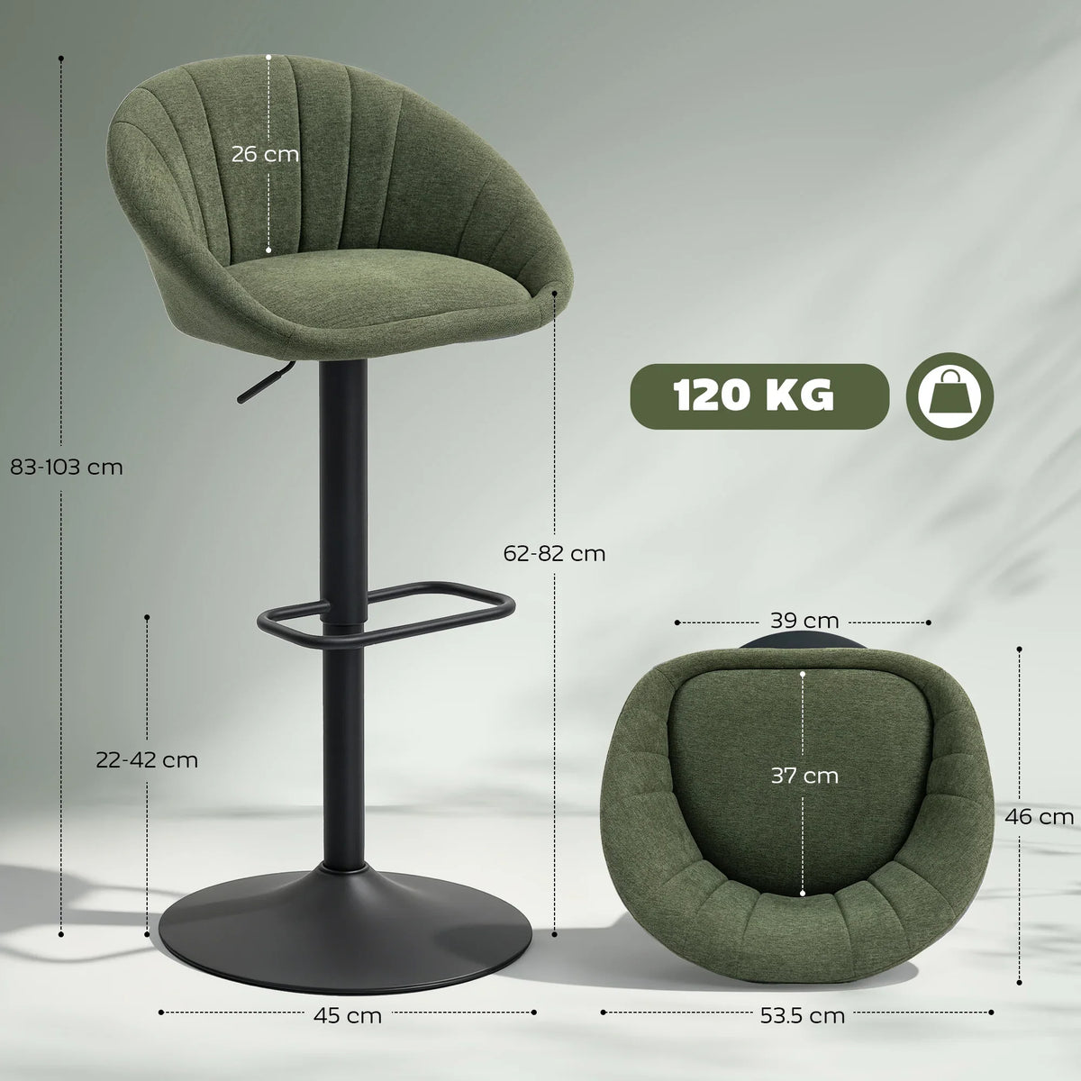 Single dark green cushioned bar stool seat on black adjustable pedestal with footrest