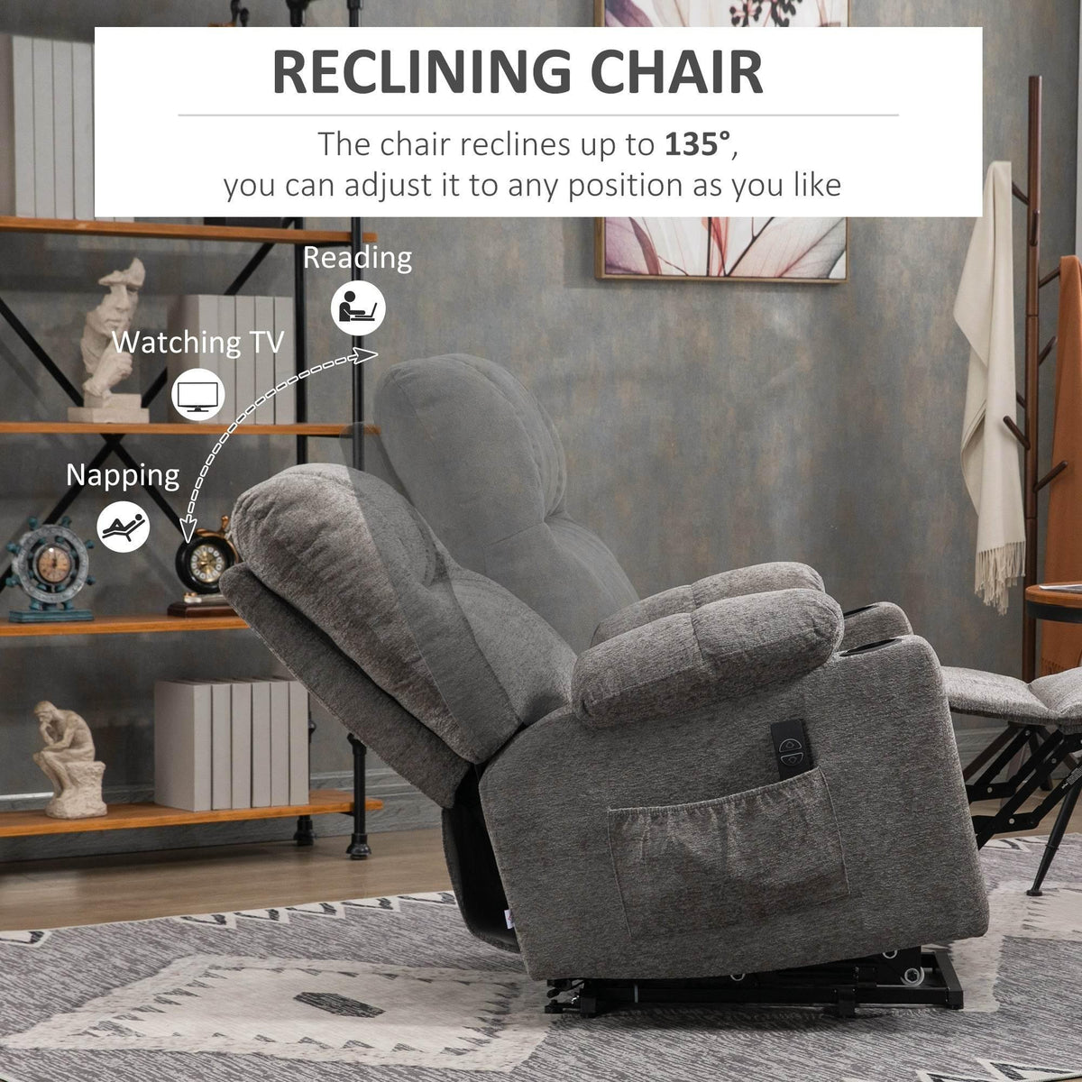 Grey recliner chair with extended footrest and padded armrests, electric lift style