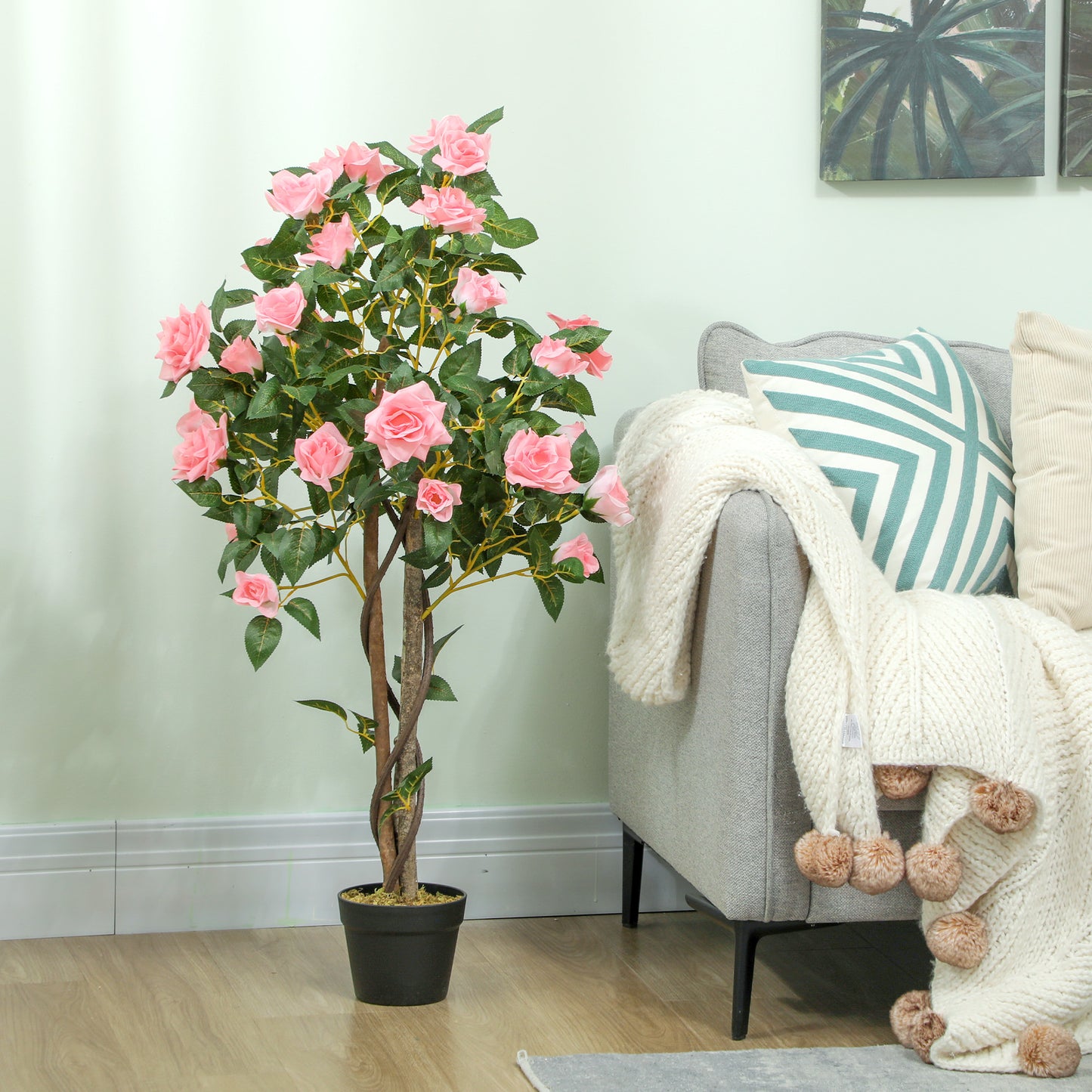 HOMCOM Set Of Two Faux Rose Plants With Pots For Home Decor Realistic Artificial Flowers