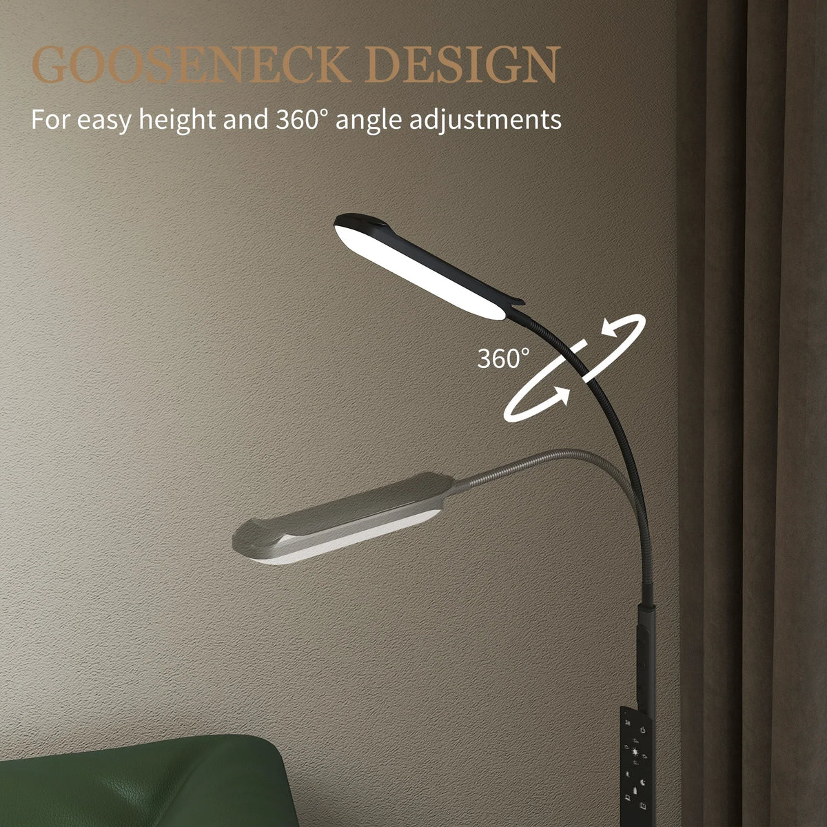 Black LED floor lamp with 360° adjustable gooseneck and control buttons
