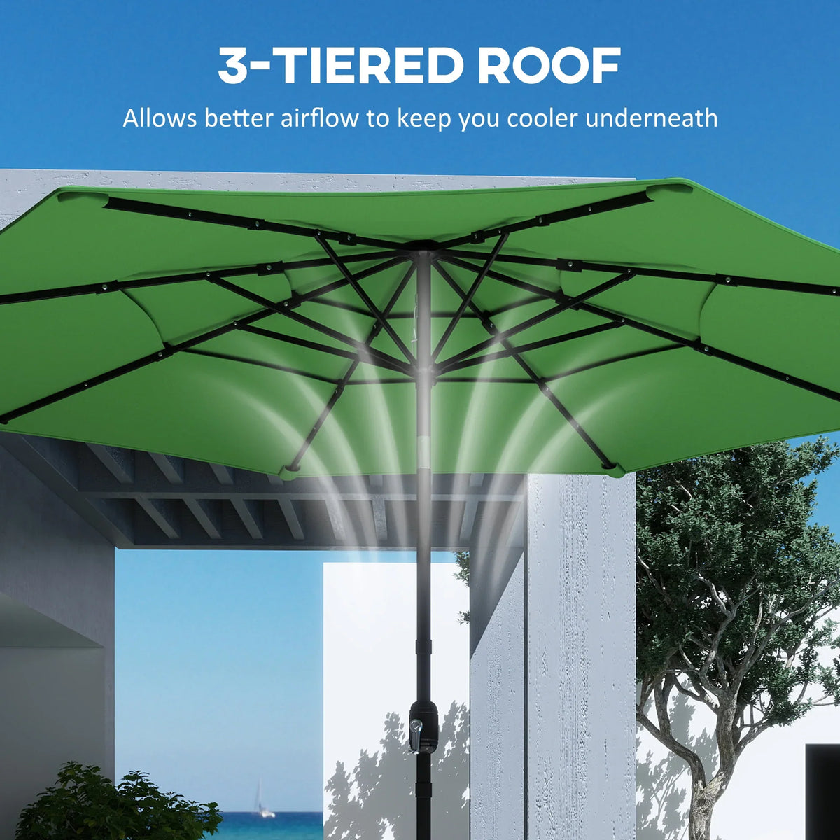 Green 3-tier roof garden parasol canopy with central support pole